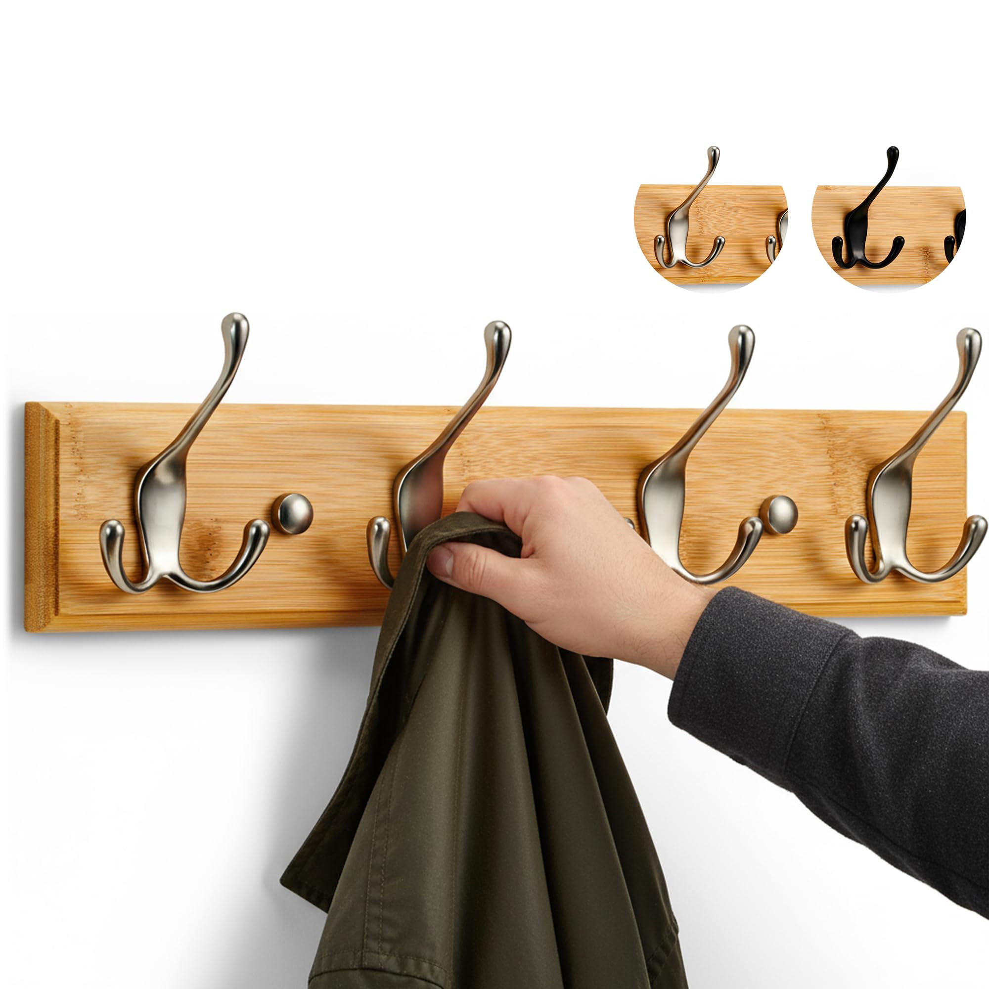 – LARHN Wall-Mounted Coat Rack - 4 Matt-Nickel Triple Coat Hooks for Wall on Stylish Wooden Bamboo Base - 42 cm - All Fixings Included