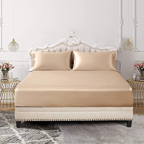 Miniatura 2 de SiinvdaBZX Juego de 3 piezas de sábana bajera de satén tamaño matrimonial y 2 fundas de almohada, sábana bajera suave y sedosa color beige, sin
