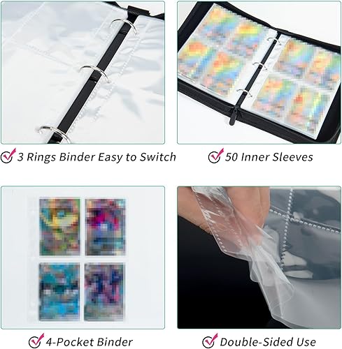 Miniatura 3 de Carpeta de tarjetas de fútbol con 50 fundas extraíbles para 400 tarjetas, 4 bolsillos con cremallera y asa de transporte, carpeta de álbum de