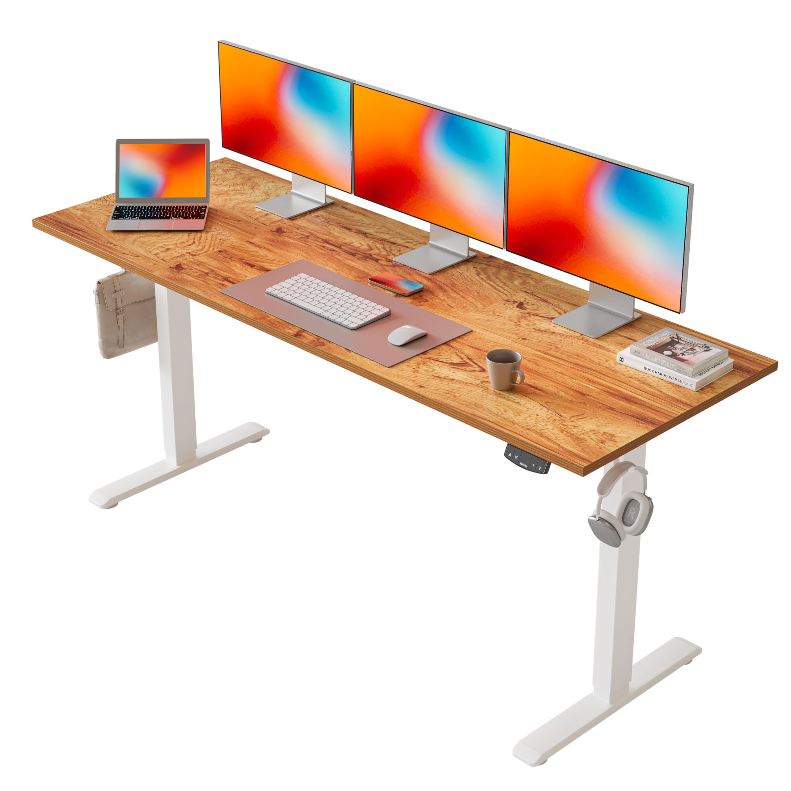 Agilestic Höhenverstellbarer Schreibtisch 160 x 60 cm | Schreibtisch höhenverstellbar elektrisch, 2 Speicherplätze, Stehschreibtisch, Computertisch für Homeoffice, Hellbraun