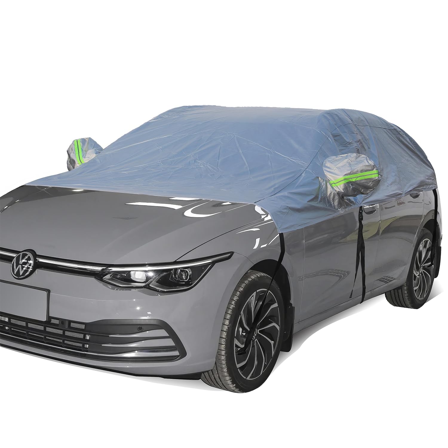 Media Funda Coche Exterior Impermeable, Tela Gruesa con Algodón, Cubierta para Parabrisas Delantero y Trasero para Hatchback (hasta 440 cm), Plata