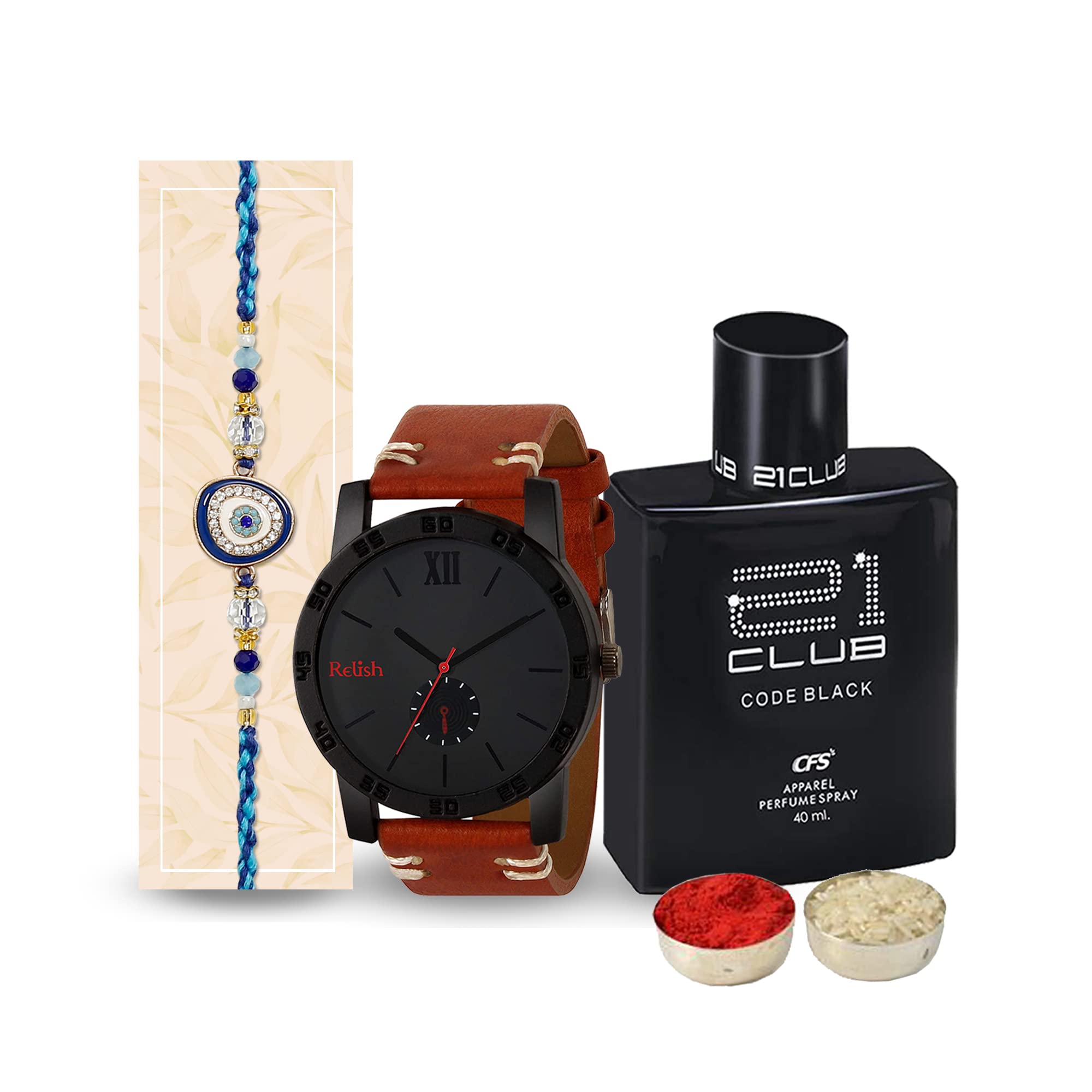 Relish Gift Pack | Analog Black Dial Watch, Long Lasting CFS 21 Club Perfume | Rakhi, Roli, Chawal, Wishing Card | Gifting Combo for Brother (B0C5DP1CH3) Amazon Price History, Amazon Price Tracker