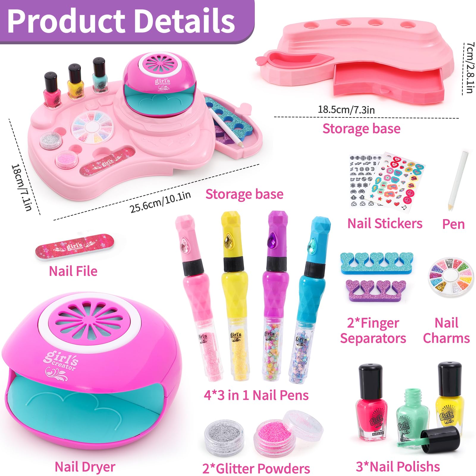 B Bascolor Kids Nail Polish Set for Girls Toy, 4 Nail Draw Pen/Nail Dryer/3 Nail Polish/2 Storage Base/Sticker/Powder Decor, Birthday Gift for Girls 4 5 6 7 8 9 10 11 12 13 Year Old Salon Art Nail Kit