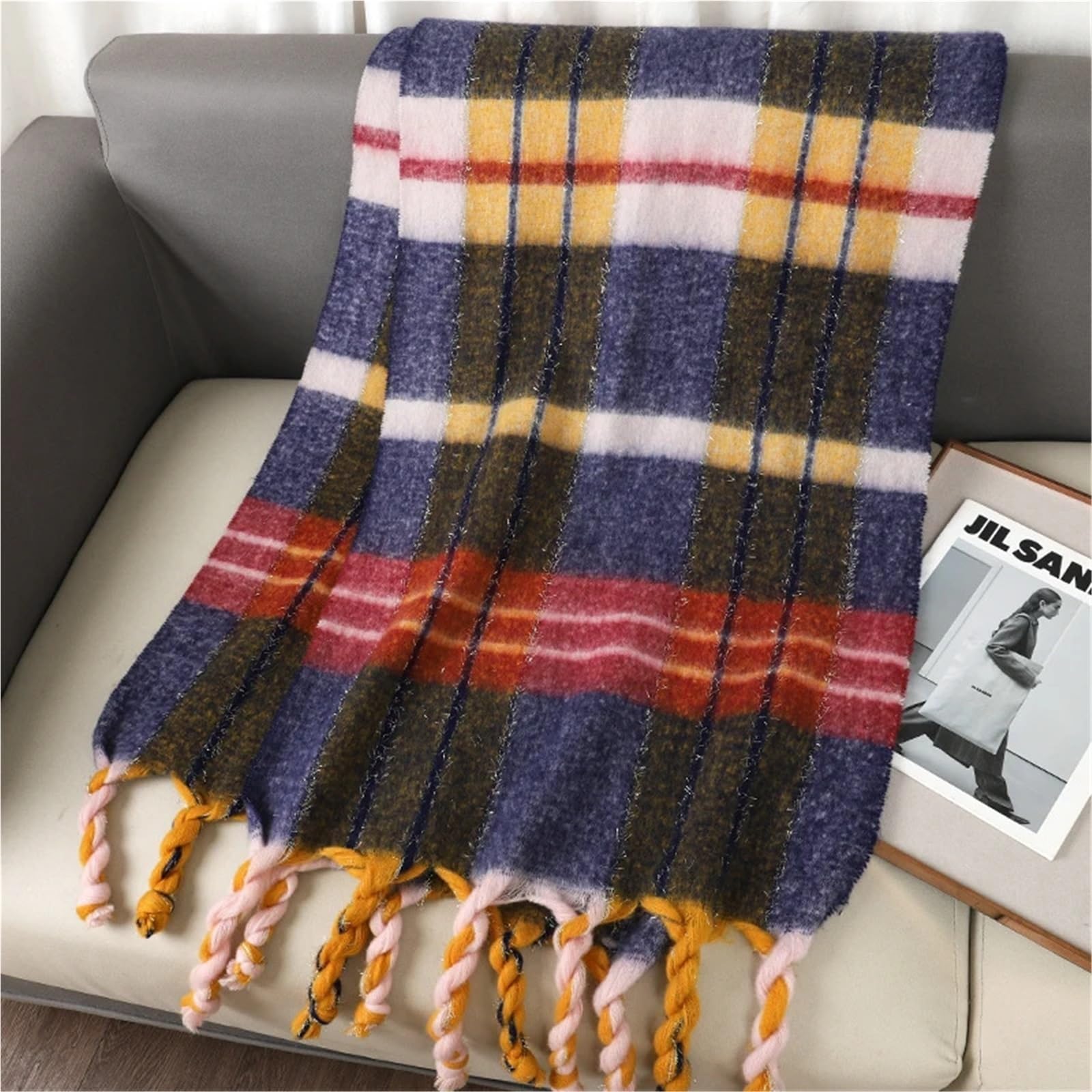 Sciarpa di Lusso in Cashmere Scozzese da Donna, Calda Pashmina Invernale con Nappe e boli di Pelo, Elegante Scialle(DS038-01)