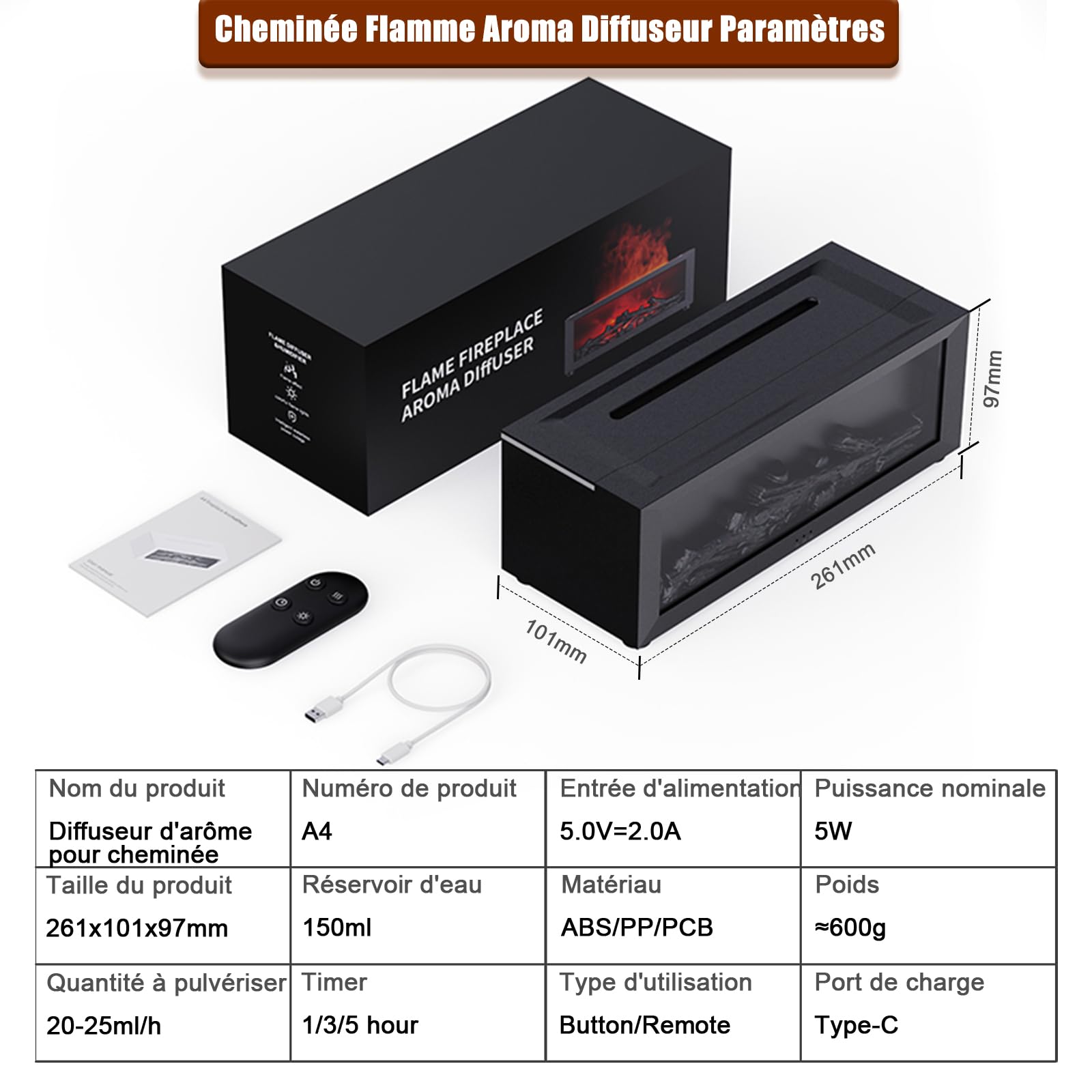 Diffuseur d'Huiles Essentielles 7 Couleurs avec Effet Flamme Dynamique, Humidificateur d'air 150ml USB, 4 Minuteries + Télécommande, Diffuseur Cheminée LED pour Bureau/Chambre