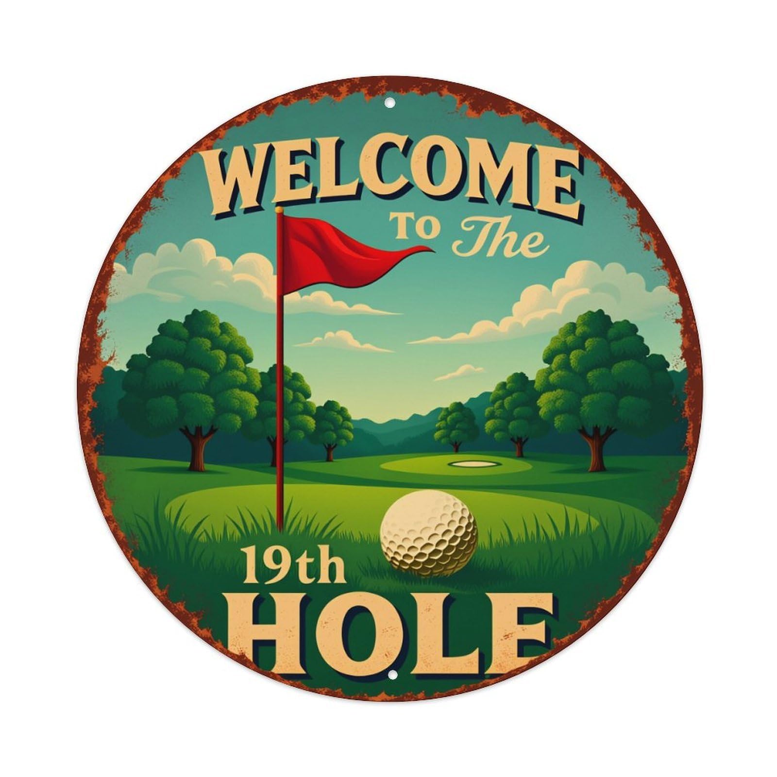Welcome To The 19th Hole Vintage Metal Tin Sign Retro Wall Decor for Home Bar Garage Cafe, Indoor & Outdoor Decorative，circle Metal Poster, 8x8 Inch