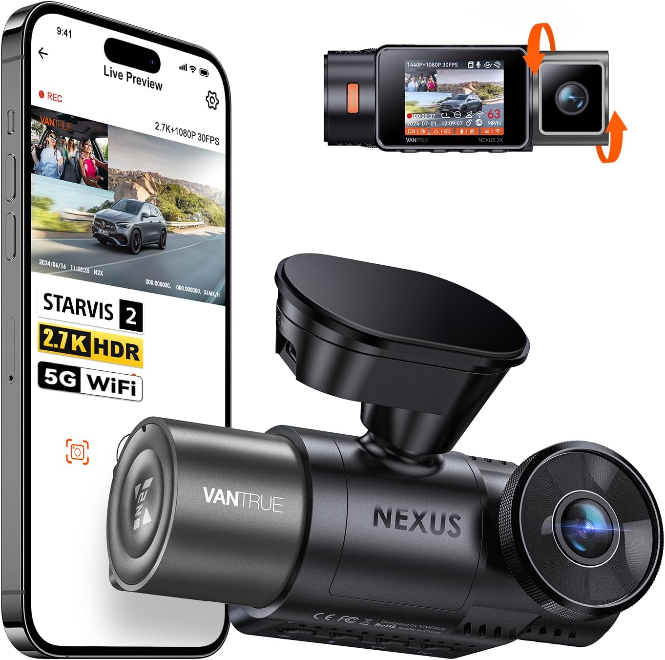 Vantrue N2X 2.7K Dash Cam Front and Inside, 5G WiFi Dual Dash Camera for Car with Starvis 2 HDR IR Night Vision, GPS, LTE Support, 24/7 Buffered Parking Mode, 60FPS, Voice Control, Support 512GB Max Vantrue N2X 2.7K Dash Cam Front and Inside, 5G WiFi Dual Dash Camera for Car with Starvis 2 HDR IR Night Vision, GPS, LTE Support, 24/7 Buffered Parking Mode, 60FPS, Voice Control, Support 512GB Max