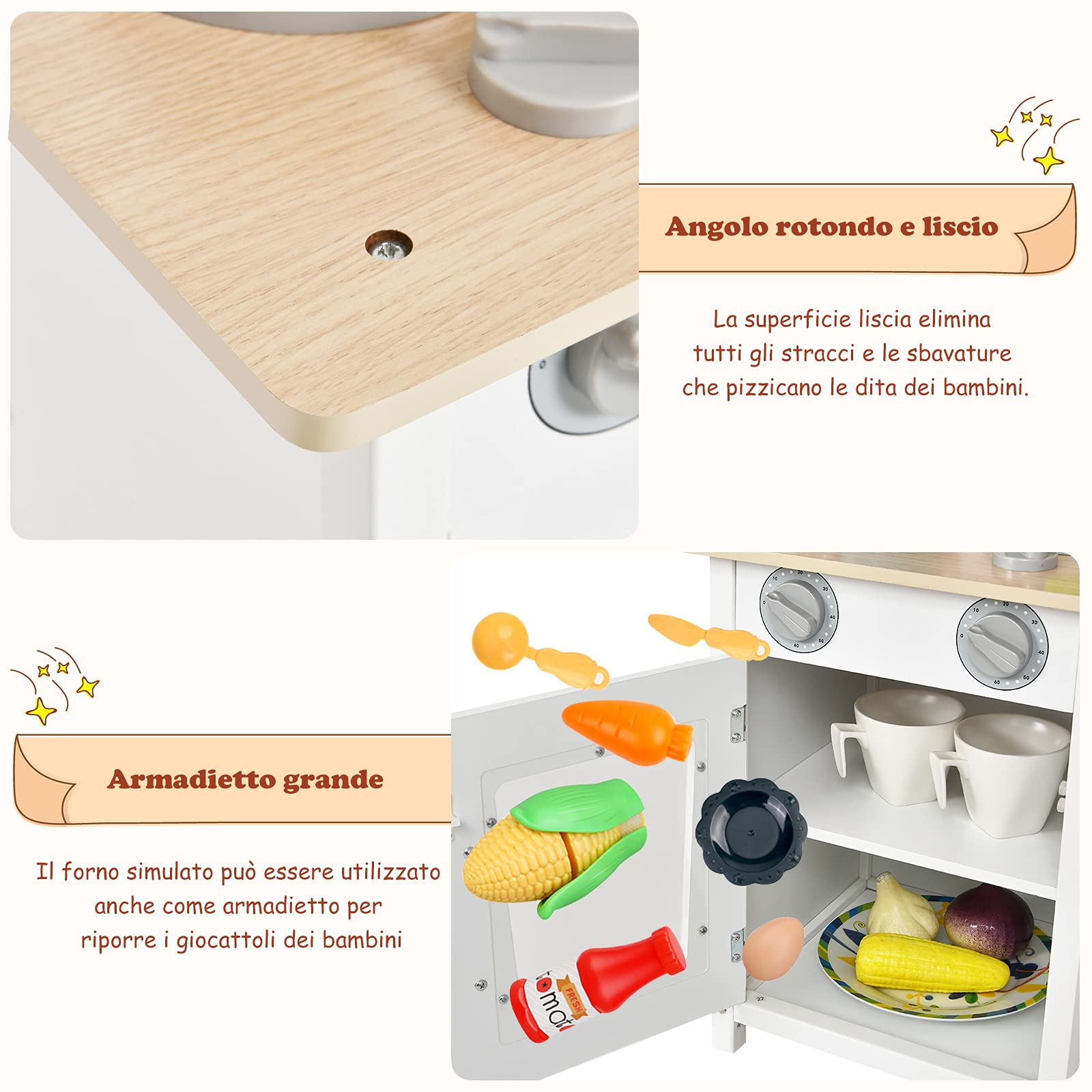 COSTWAY Cucina Giocattolo per Bambini, Cucina per Bambini in Legno con Forno, Microonde, Lavello e Rubinetto, con Accessori, Pentole e Utensili per Cucinare, per bambini 3+ Anni