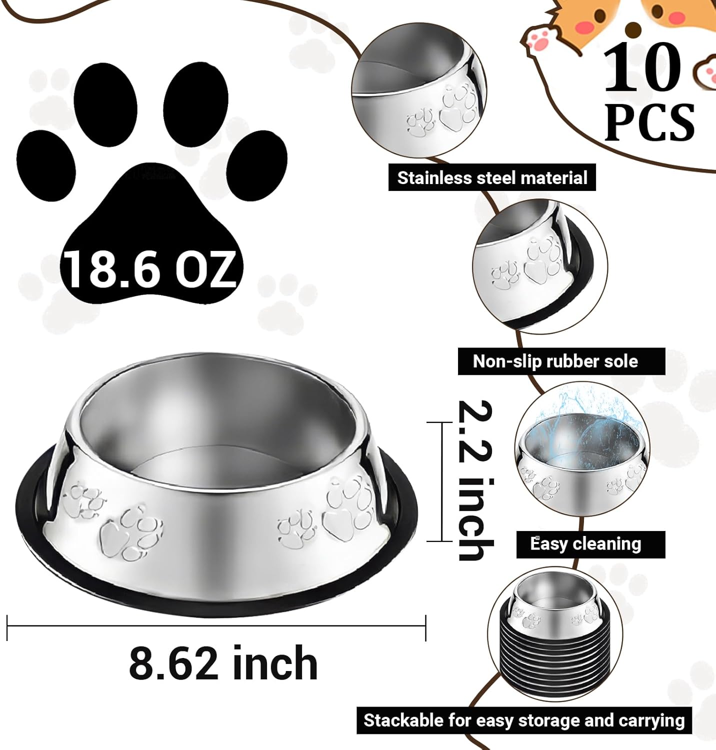 10 Pcs Stainless Steel Dog Bowl Pet Feeding Bowl with Rubber Base Non-Slip Pet Dishes Metal Dog Bowls Pet Food and Water Bowls for Small Medium Animals Kitten Rabbit (18.6 oz)