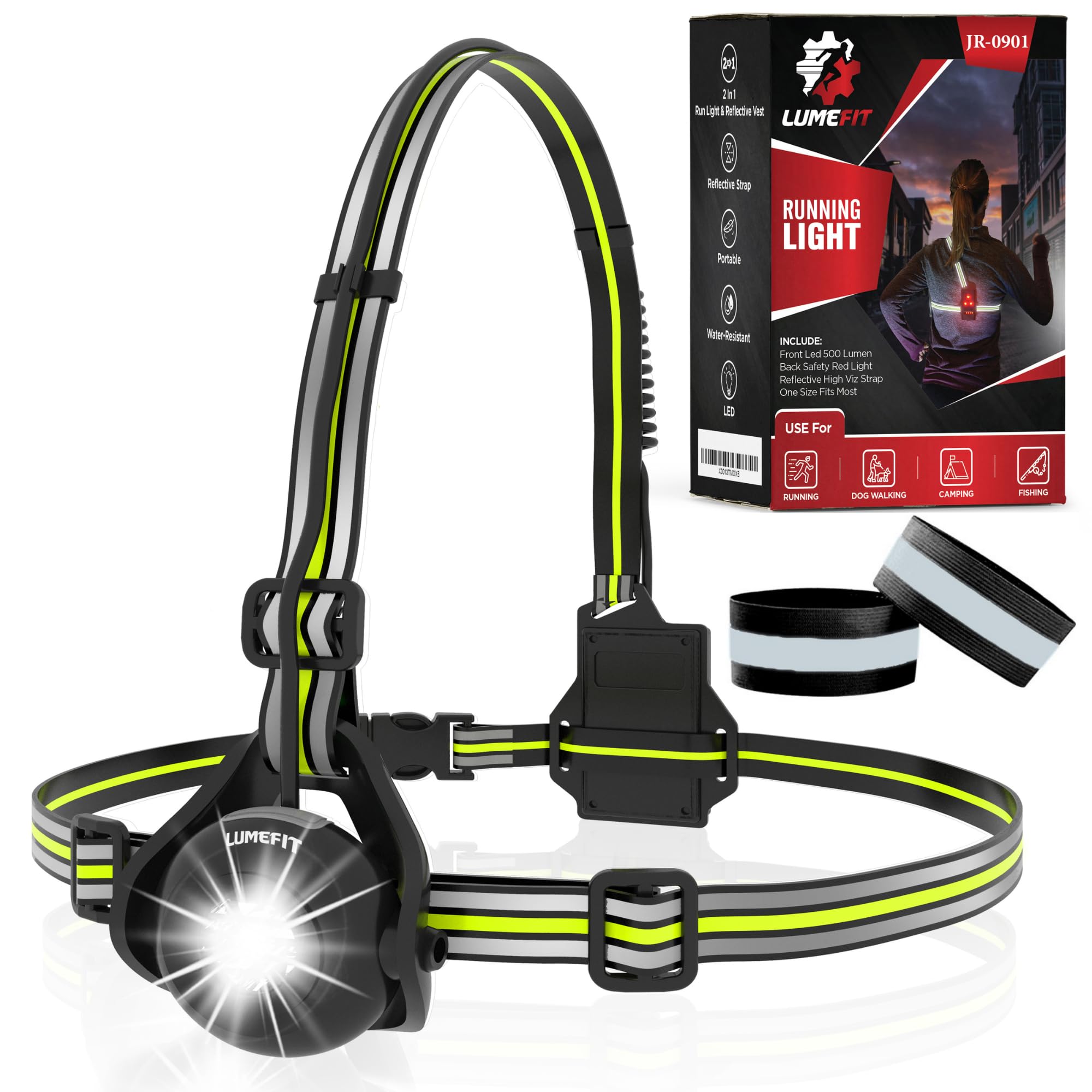 LUMEFIT Luce di marcia per corridori - Lampada LED a petto - Angolo del fascio regolabile di 90°, fascia riflettente da 500 lumen a 360 gradi, ricaricabile tramite USB, torcia anteriore posteriore di sicurezza