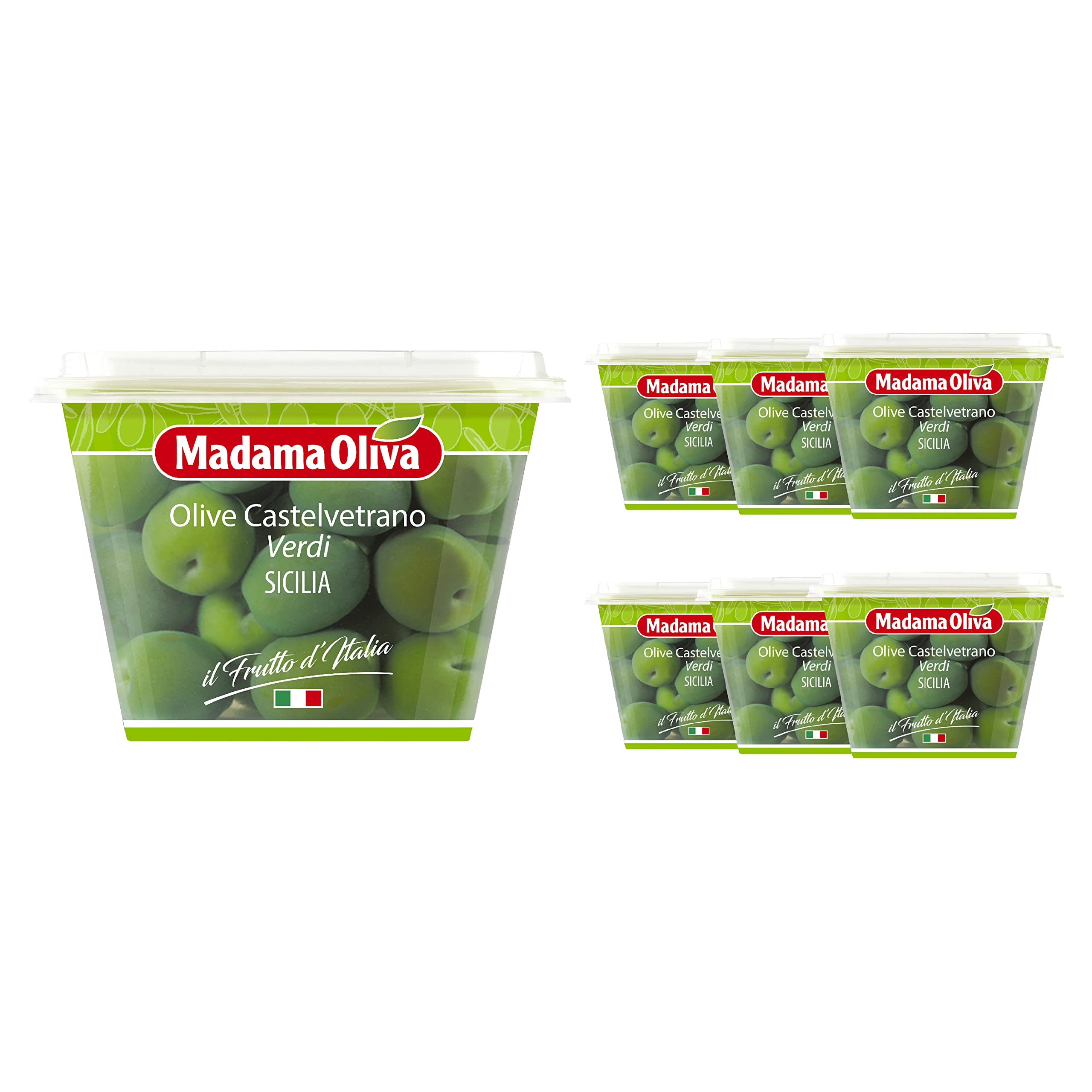 MADAMA OLIVA, Olive Castelvetrano Dolci Verdi, Sapore Unico e Fruttato, Snack Ideali per Antipasti a Base di Formaggi e Salumi, Insalate Verdi, 100% Made in Italy, 6 x 250 gr