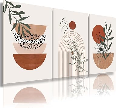 Boho Wall Art - Mid Century Modern Set of 3 Abstract Geometric Prints, Black Beige Terracotta, Framed Canvas Artwork for Living Room, Bathroom, Bedroom Decor