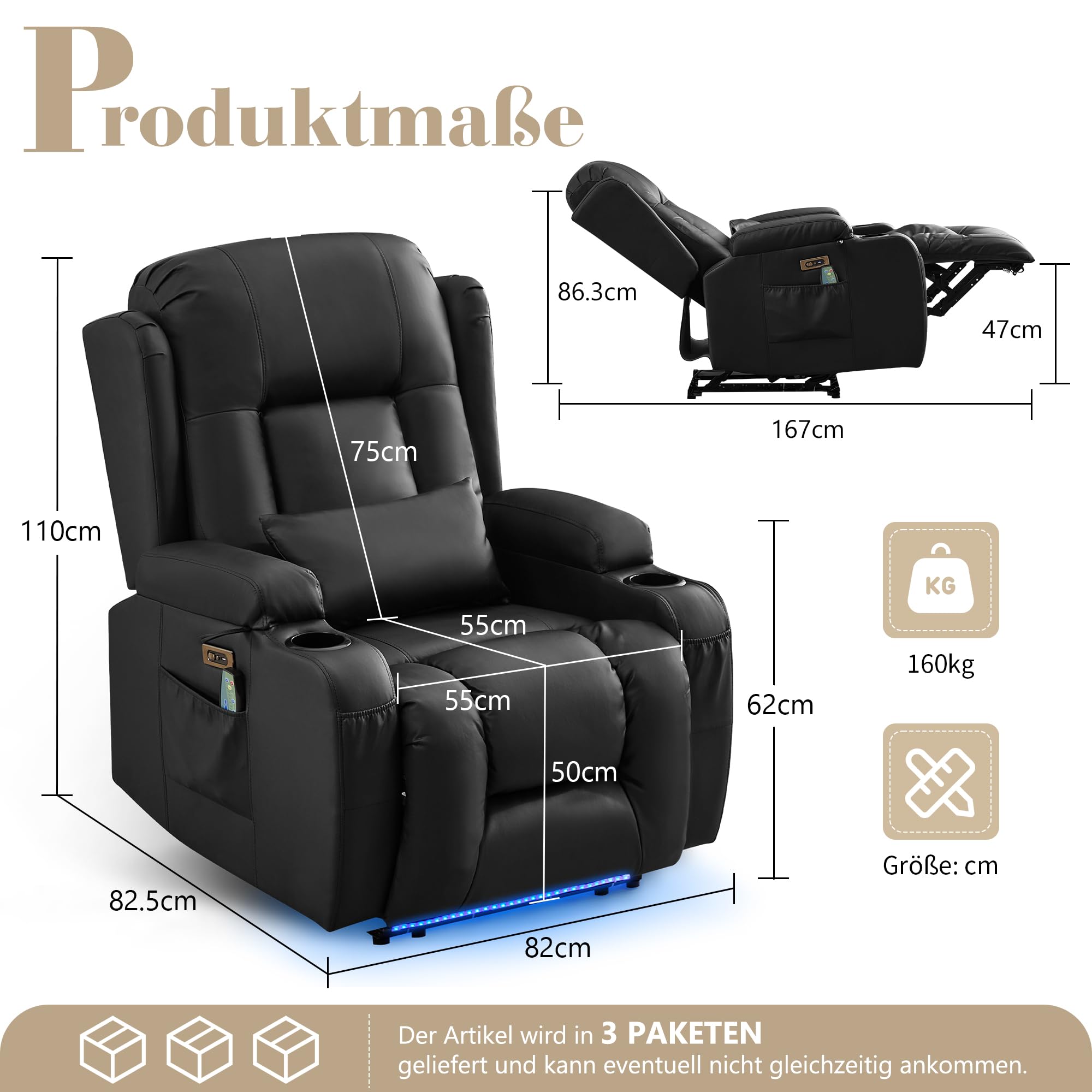 SAMERY Fernsehsessel Elektrisch Verstellbar Relaxsessel mit Liegefunktion,Massagesessel Vibration Heizung,Kunstleder TV Sessel Wohnzimmer Liegesessel Kinosessel 614 mit USB/LED,bis 150 kg (1, Schwarz)