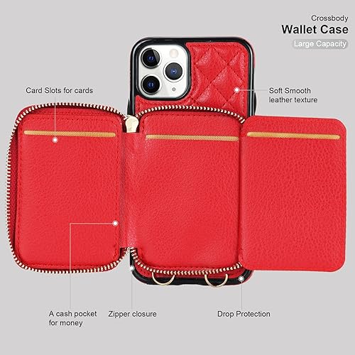 Miniatura 8 de Bocasal Funda tipo cartera cruzada para iPhone 11 Pro, de piel sintética con bloqueo RFID, con cremallera, funda tipo cartera con función atril y