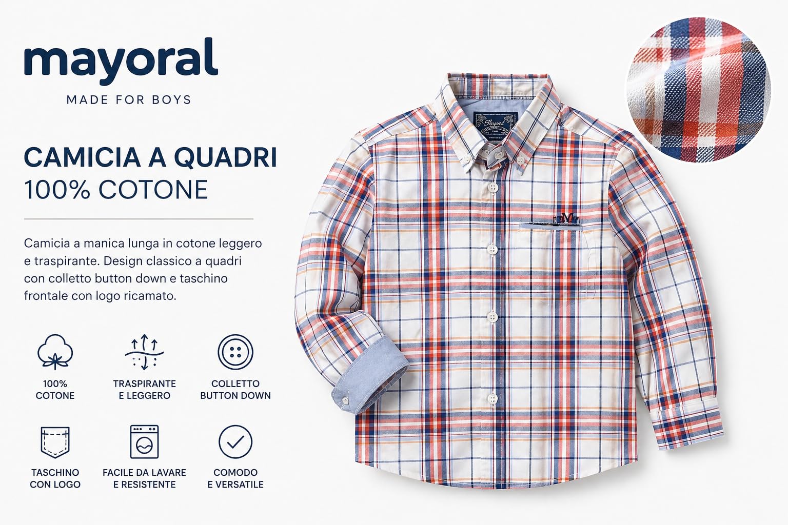 Mayoral Camicia Bambino a Quadri, Cotone, Manica Lunga