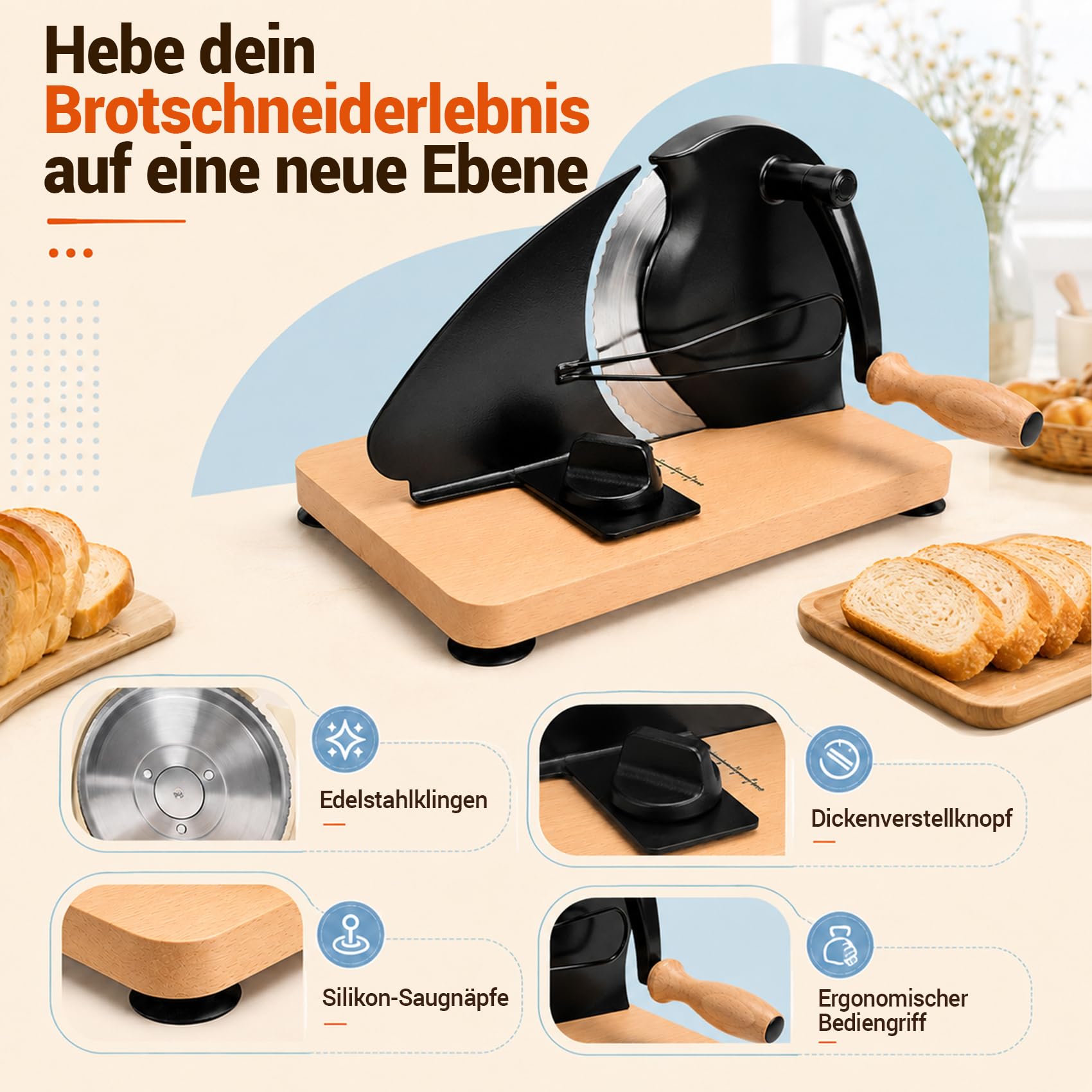 Brotschneidemaschine Manuelle mit Handkurbel | 0–20 mm einstellbare Scheibendicke | Edelstahlklinge mit Wellenschliff | rutschfeste Saugnäpfe | Für Sauerteig, Roggen, Toast & Baguette