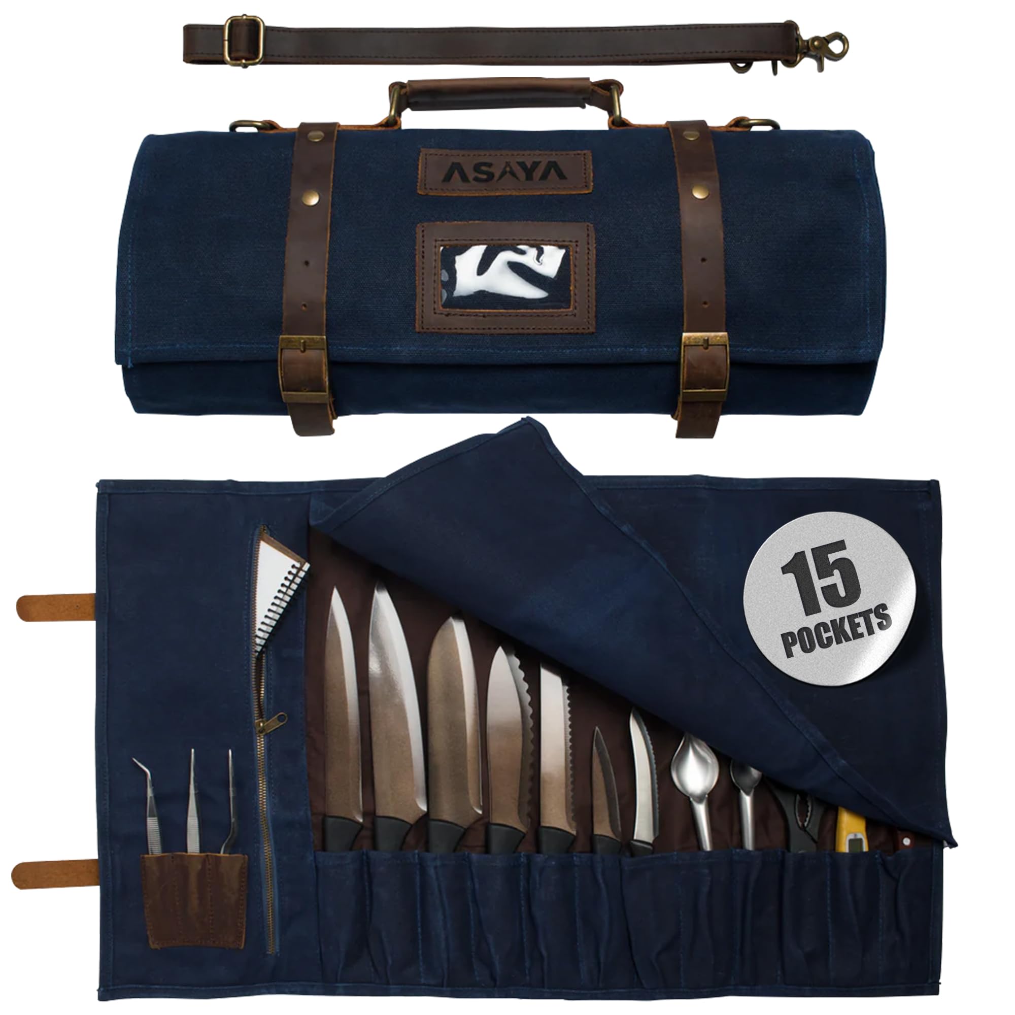 Asaya Waxed Canvas Knife Roll Bag - 15-Slot Chef Knife Bag with Leather Straps, Large Zippered Pocket and Card Holder - Carrying Case for Chefs and Culinary Students – Knives Not Included (Blue)