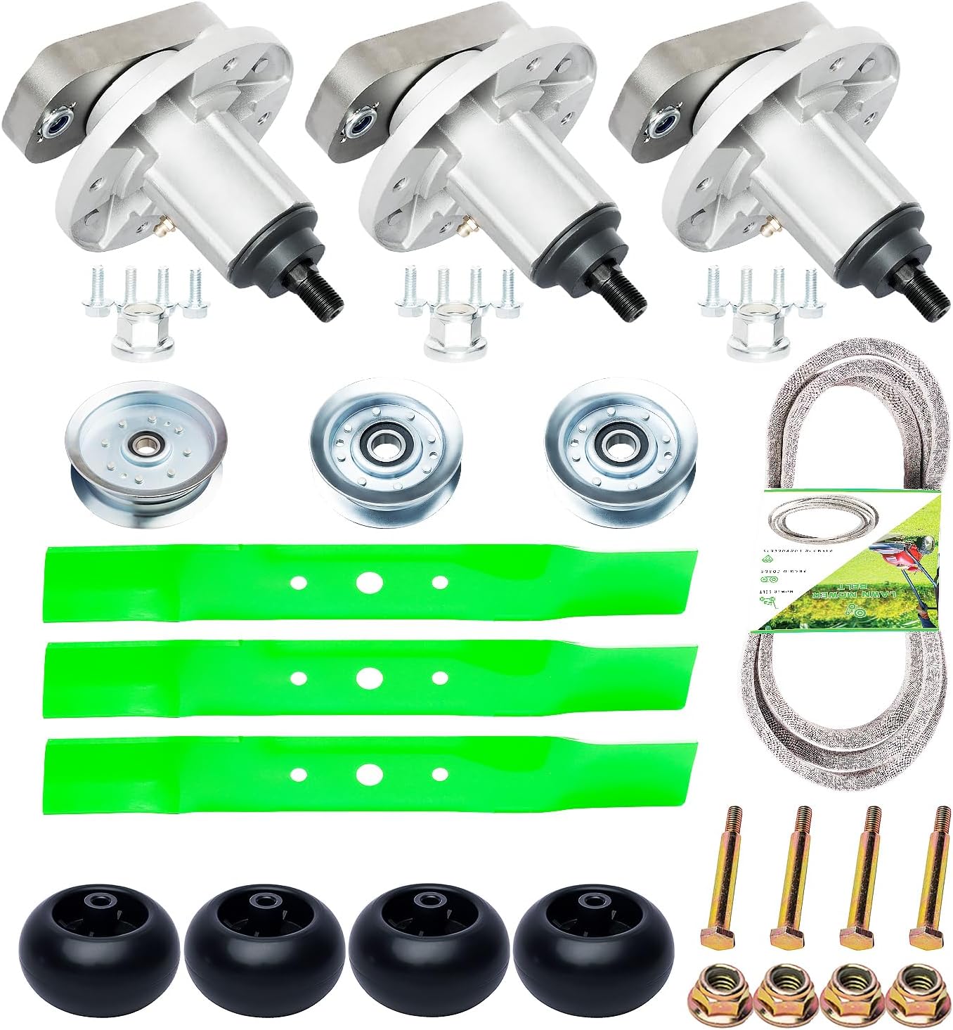 48" Mower Deck Spindle Blade Bl et Pulley Kit for John Dee re L120 L130, GY20050 Spindle(3pack) GX20250 Blades(3pack) GY20571 Be lt(1pack) GY20067 GY22082 Pulley(3pack)