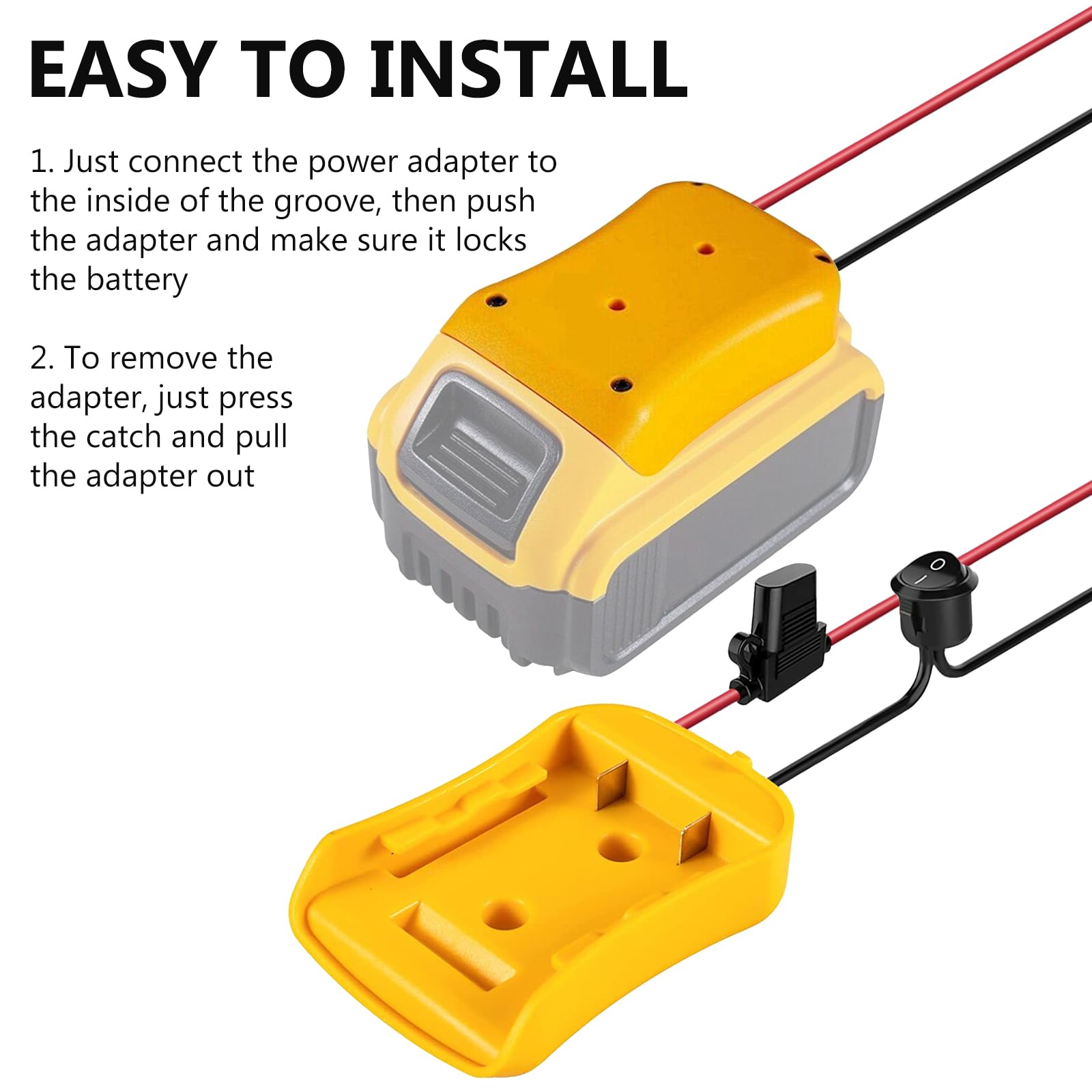2 adaptadores Power Wheel para batería Dewalt de 18 V/20 V, adaptador de batería, conector de carga de 12 AWG con fusible e interruptor, kit de conversión de batería, adaptador de batería seguro para