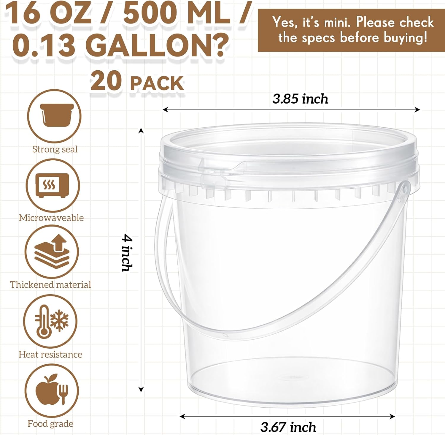 20 Pack 16 oz /500 ml Clear Plastic Bucket with Handle and Lids Food Storage Containers Freeze Safe Ice Cream Tubs for Deli Kitchen Drinks Home image 2