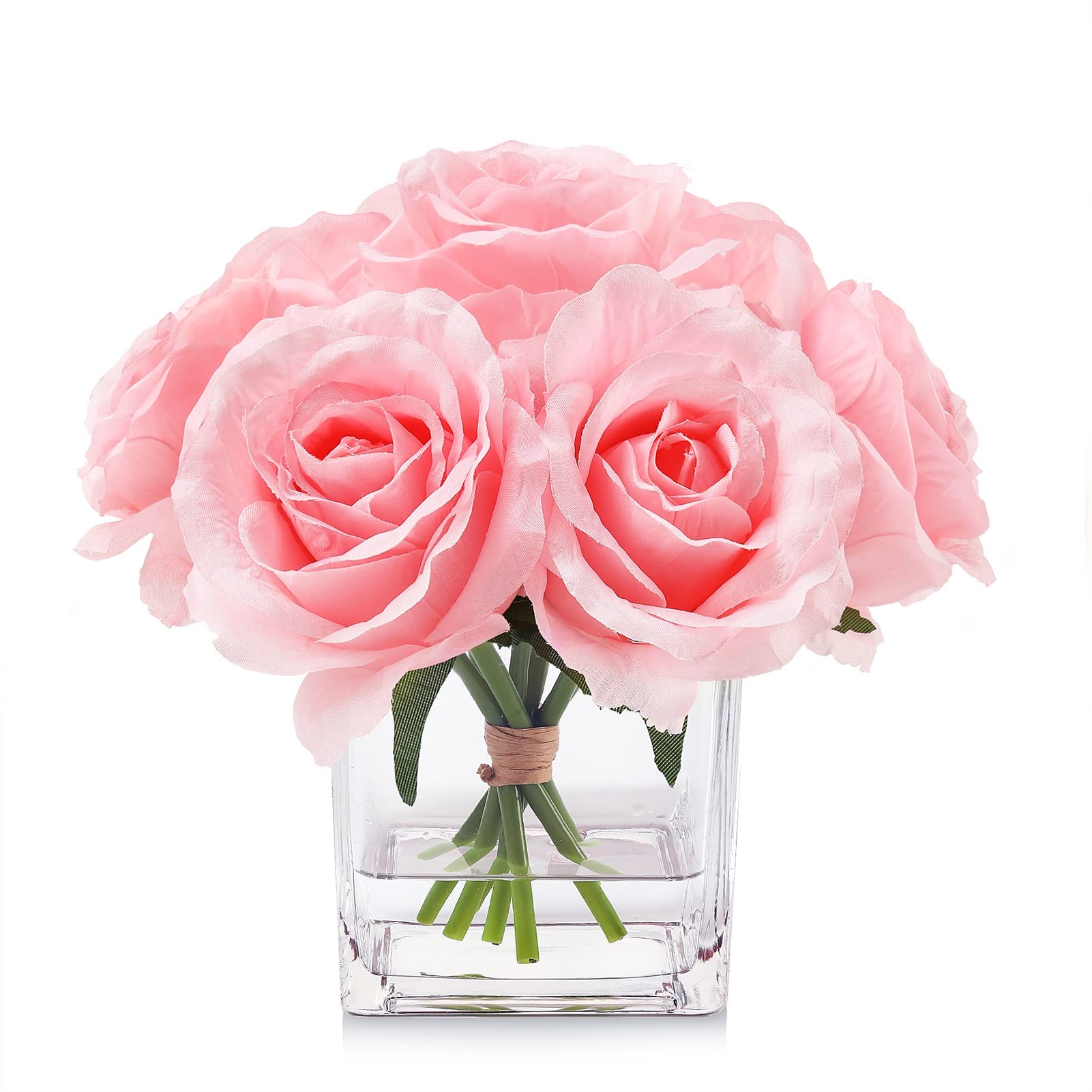 rubystory 7 Large Stem Pink Rose Artificial Flowers in Vase, Fake Rose with Fake Flowers in Vase for Home Decor, Wedding Table (Pink)