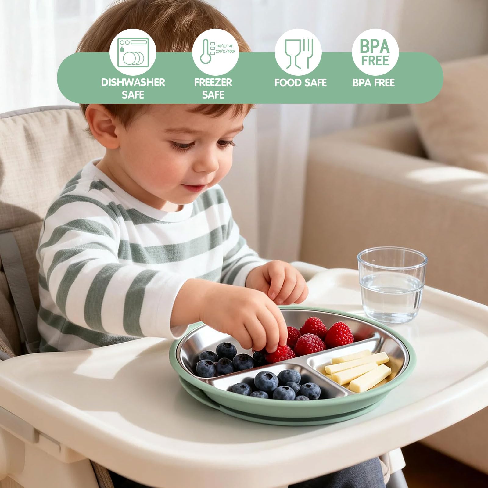 Greentainer Lot de 3 assiettes en acier inoxydable, assiette divisée en silicone avec base adhésive, ustensiles pour tout-petits pour l'alimentation du bébé, sevrage à la demande du bébé, réutilisable