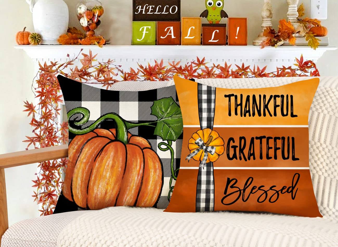 4TH Emotion Fall Decor Pillow Covers 18x18 Set of 4 Thanksgiving Buffalo Check Pumpkin Farmhouse Decorations Happy Fall Y'all Outdoor Autumn Pillows Decorative Throw Cushion Case S23F07 2