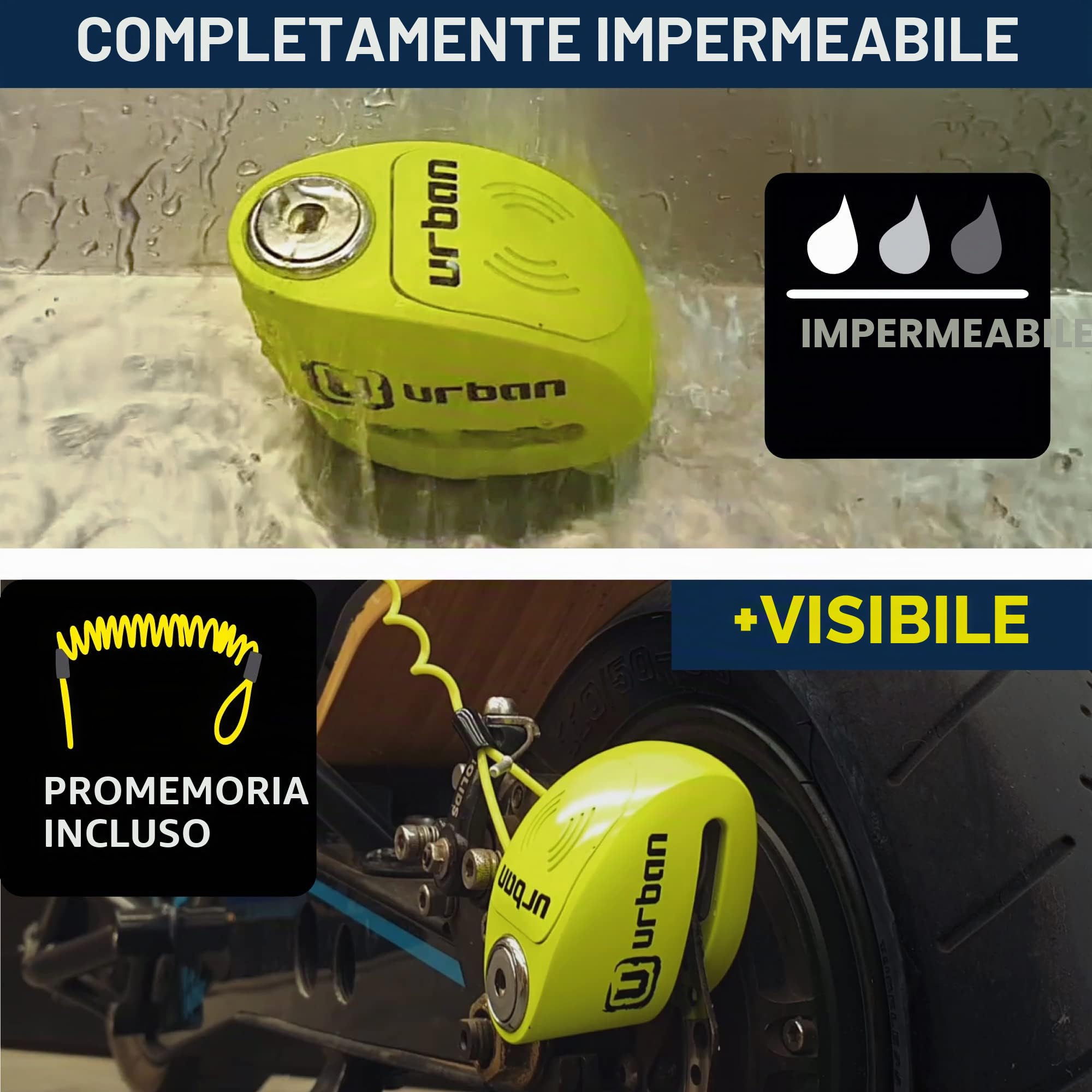 URBAN UR906X Antifurto Moto con Allarme Lucchetto Bicicletta Bloccadisco Scooter 120 dB ON/OFF Sicurezza Monopattino Elettrico 120dB Sonoro, ø6 Blocco Impermeabile