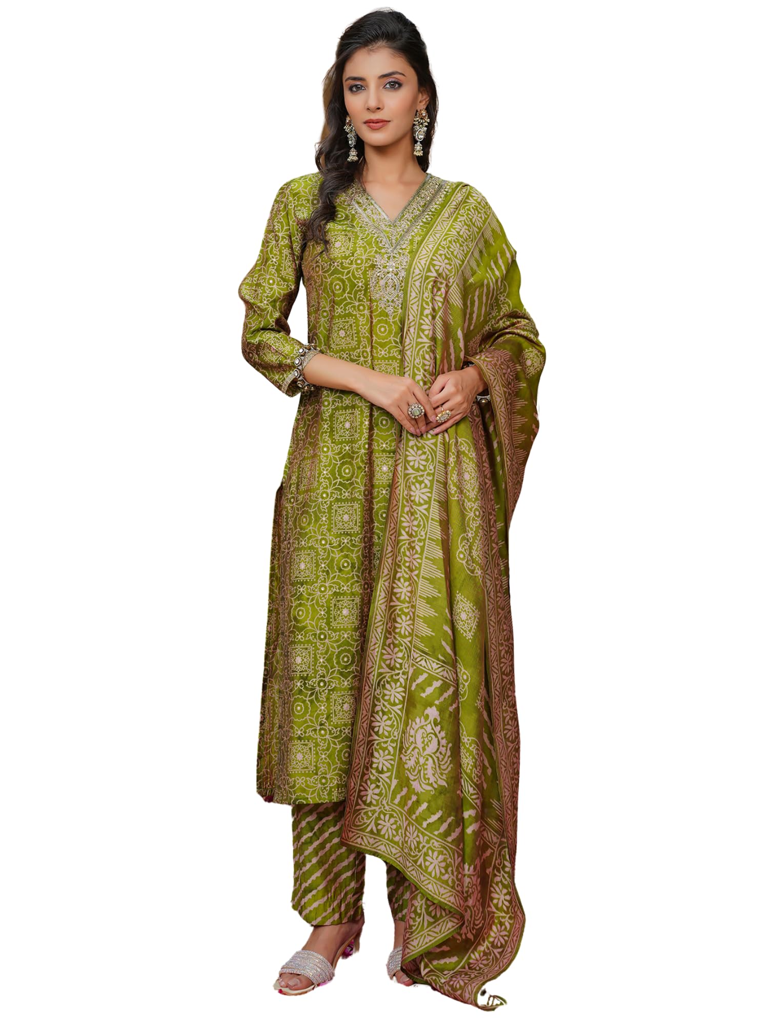 Women's Green Silk Blend Embroidered Straight Ethnic Motifs Kurta Trousers With Dupatta Sets | Daily Straight Kurta Set For Women | Embroidered Salwar Suit For Womens-image-42