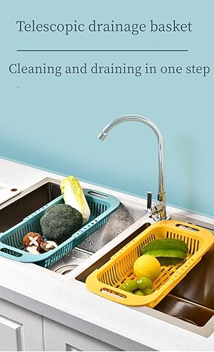 Miniatura 6 de FENGZIZH Escurridor de platos ajustable sobre el fregadero, cesta extensible para lavar frutas y verduras, estante de secado, cesta coladora