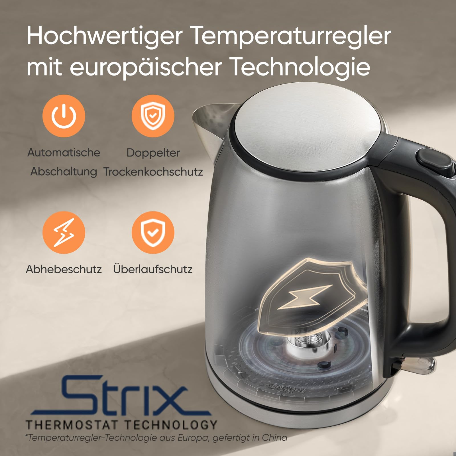 COSORI Wasserkocher Edelstahl 1,7 L 2200W Strix-Technologie 360° drehbarer Sockel