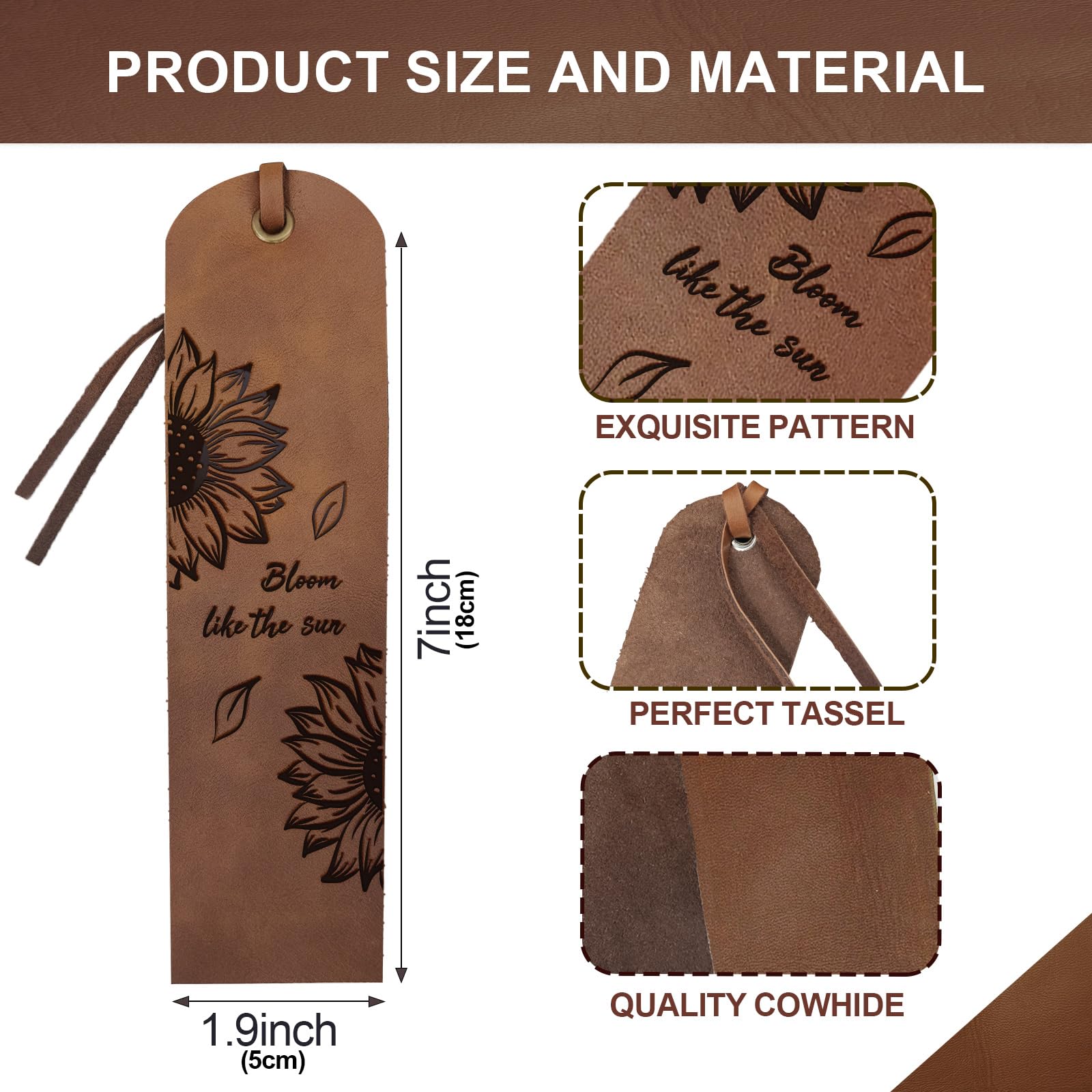 MAYJOYDIY 4pcs Sunflower Leather Bookmarks 5×18cm Vintage Flower Bookmarks Page Markers Bloom Like The Sun Text for Men Women Book Lovers Students Graduation Gifts Bookworms - Image 2