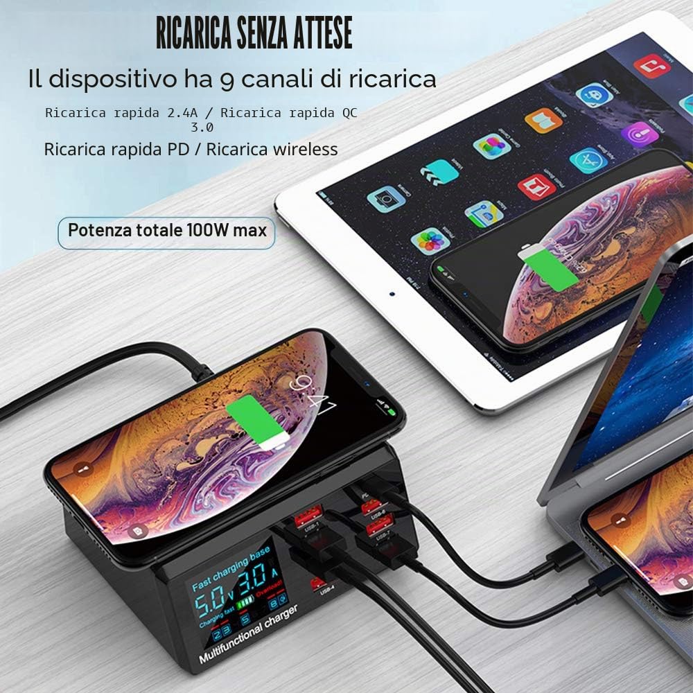Caricatore Wireless Stazione Ricarica USB Multipla 100W 8 Porte Base di Ricarica LCD Schermo USB Docking Station con Una QC 3.0 e Un 18W PD Caricatore USB per iPhone iPad Samsung Huawei