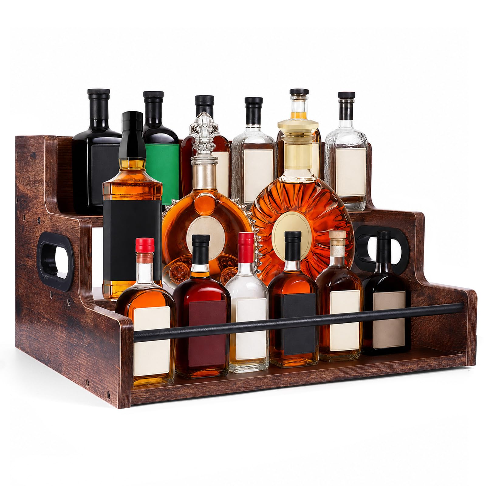 GEOKILO Bottle Display Shelf, Wooden Wine Racks Free Standing, Mini bar, Liquor Cabinet Organizer,3 Tier Retro Bar Shelves, Home Bar Shelf Stand Liquor Whiskey, Spirits for Party, Syrup, Coffee
