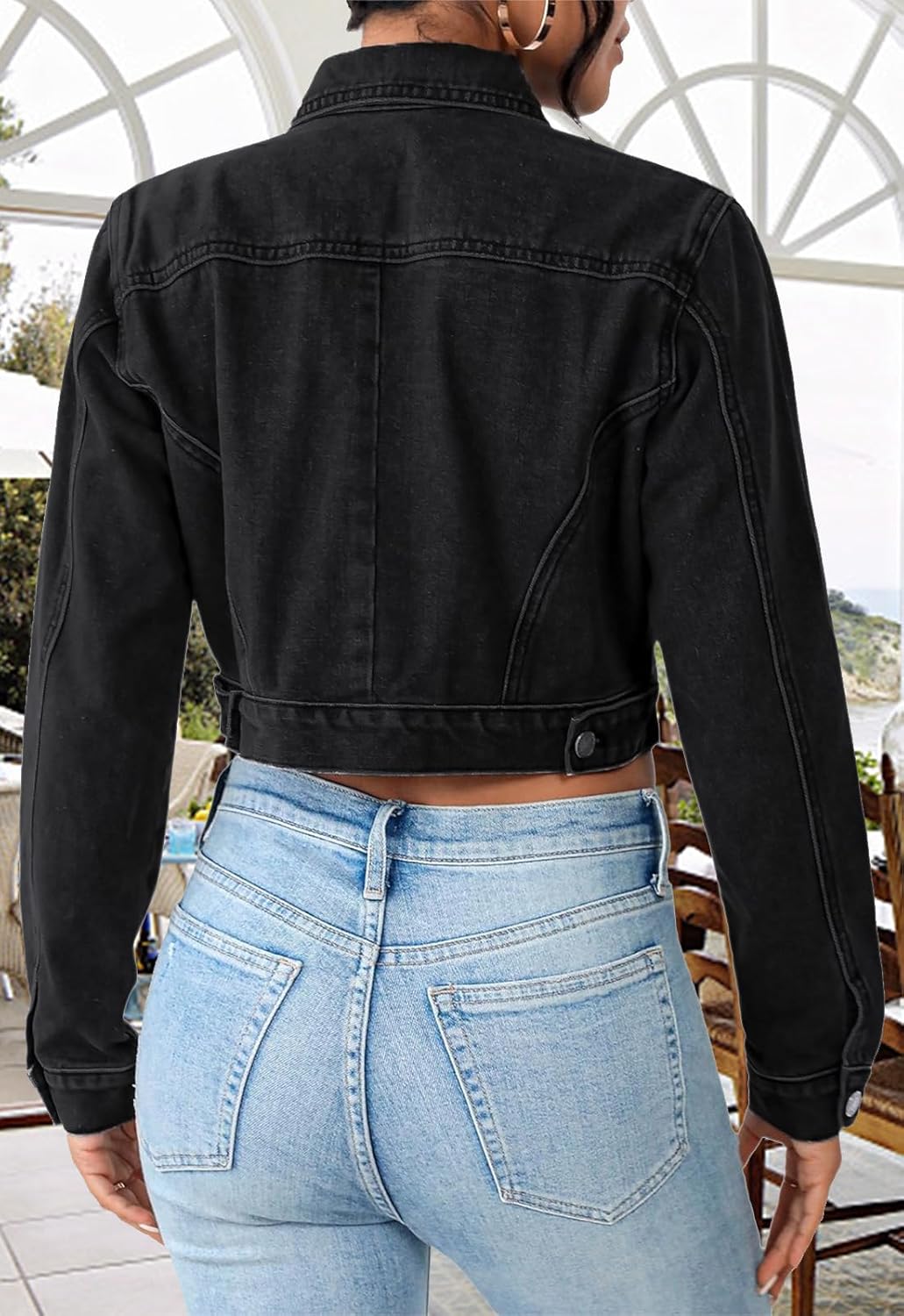 Cropped Jean Jacket for Women Long Sleeve Classic Casual Crop Top Denim Jackets Coat - Image 4