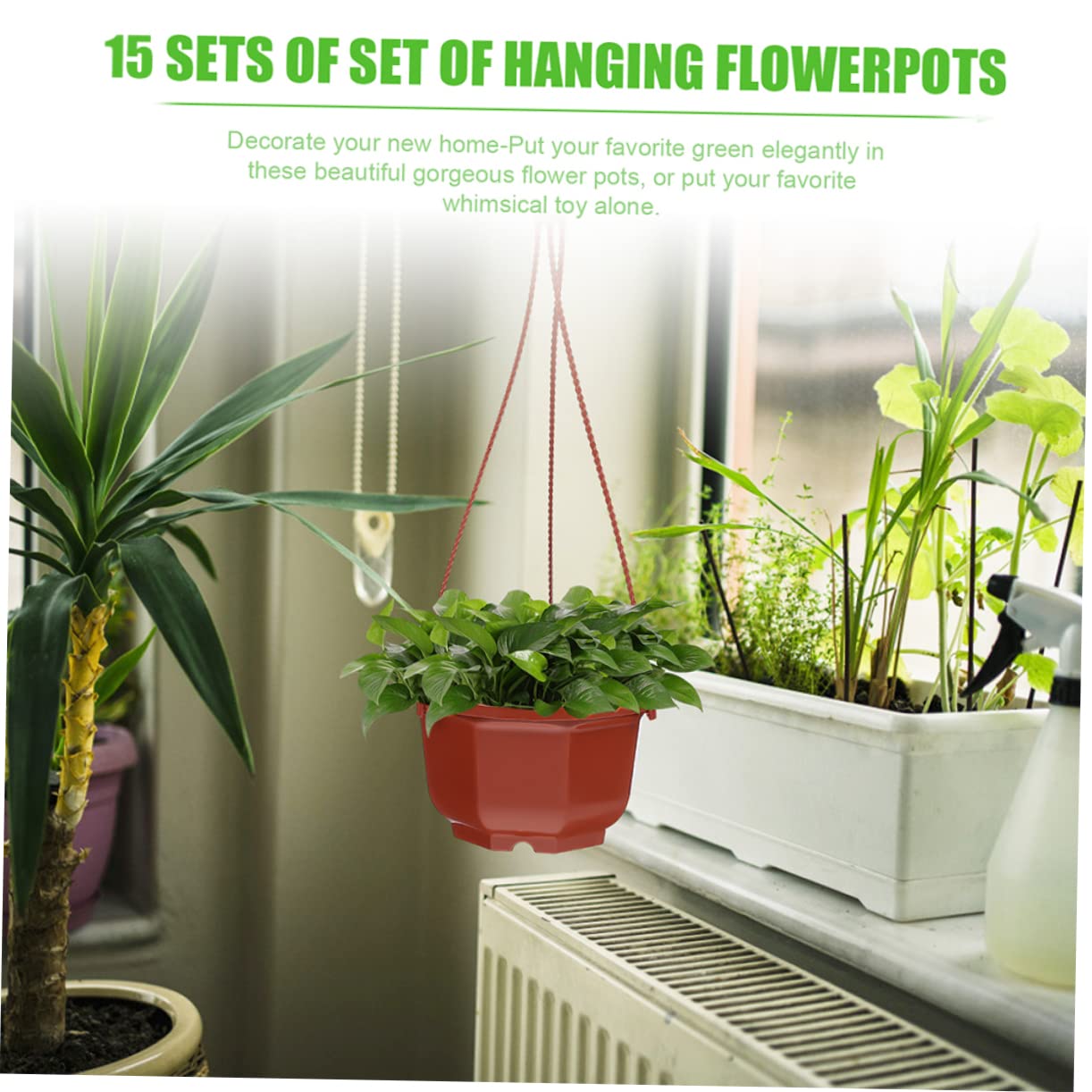 Lot de 15 pots de fleurs à suspendre avec crochets – Pots de fleurs ronds en plastique pour intérieur et extérieur faciles à accrocher pour décoration de maison et de jardin