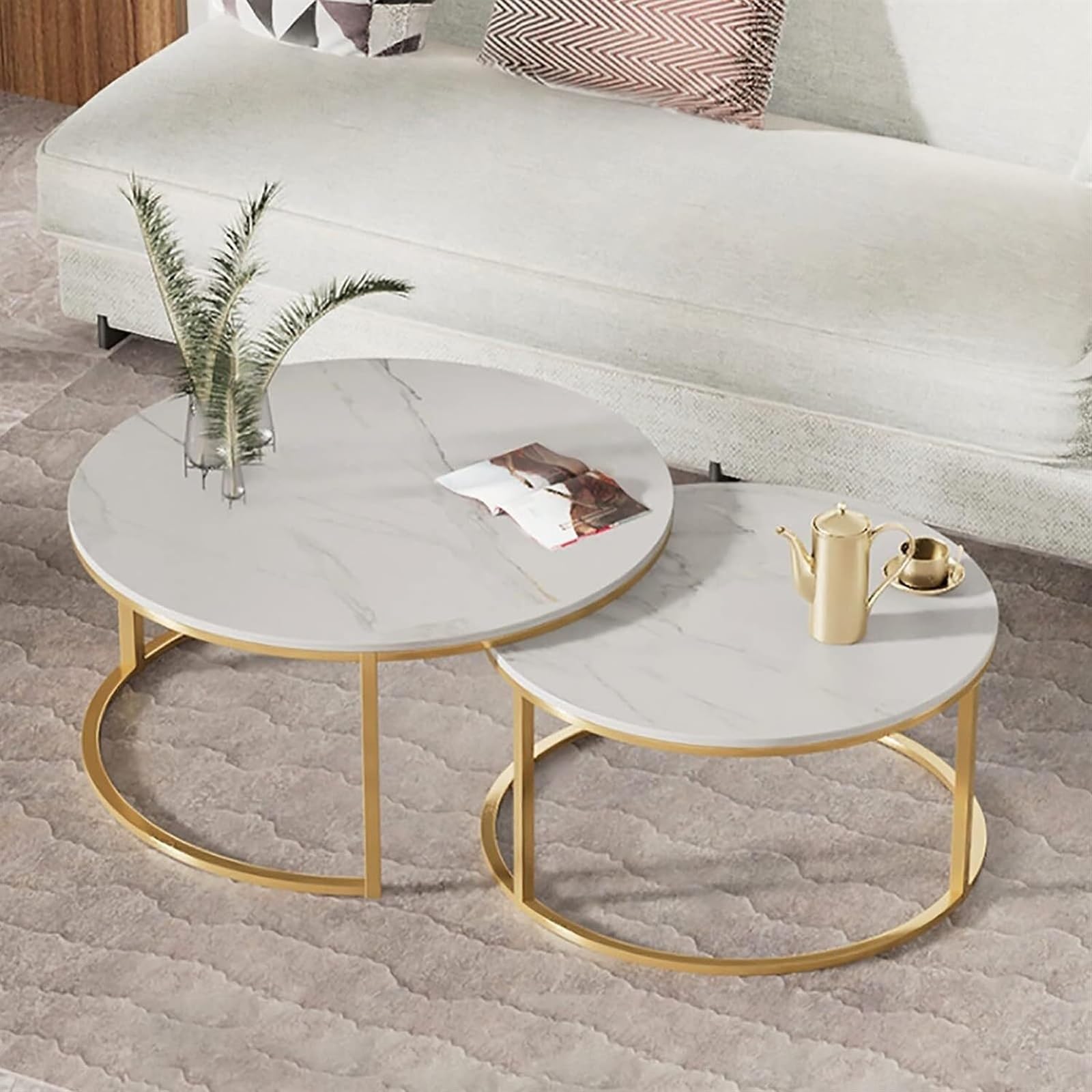 Ensemble De 2 Tables Basses Gigognes Rondes | Plateau Ardoise & Cadre Métal | Avec Tiroir De Rangement | Moderne