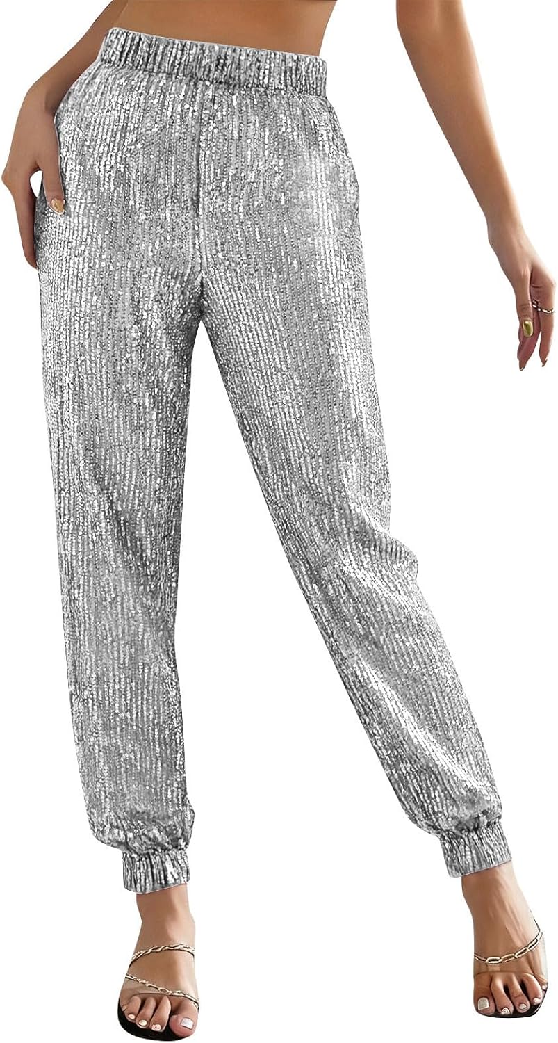 Women's Sequin Jogger Pants Metallic Gold Silver Sparkly Wide Leg Trousers for Party Club Night Out Evening Dress