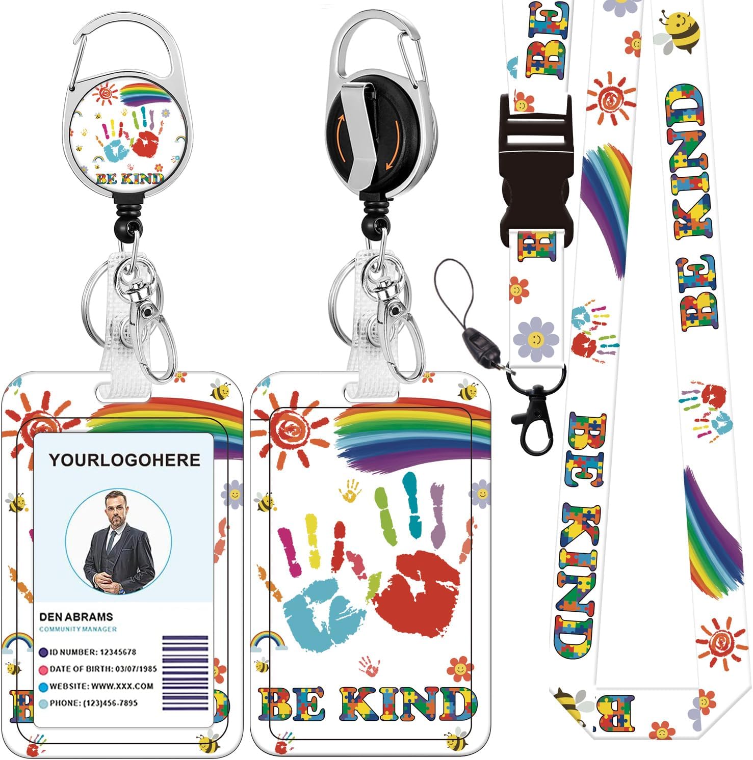 Badge Lanyard and ID Badge Holder, Retractable Badge Reels with Carabiner Reel Belt Clip, Strap Lanyard with Lobster Clasp for Badge Holders, Nurse Teacher Office Gifts(BLC-Palm Be Kind)