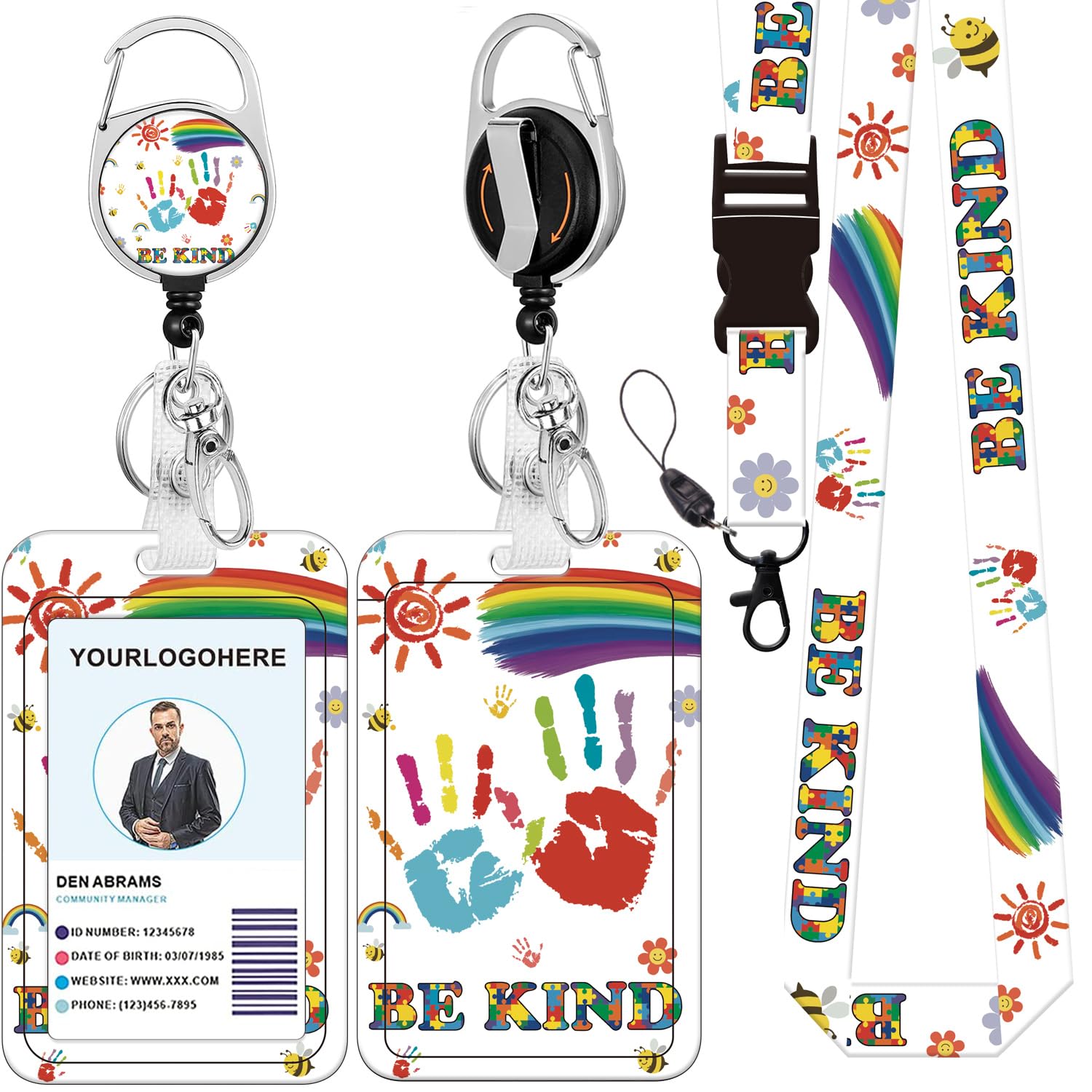 Badge Lanyard and ID Badge Holder, Retractable Badge Reels with Carabiner Reel Belt Clip, Strap Lanyard with Lobster Clasp for Badge Holders, Nurse Teacher Office Gifts(BLC-Palm Be Kind)