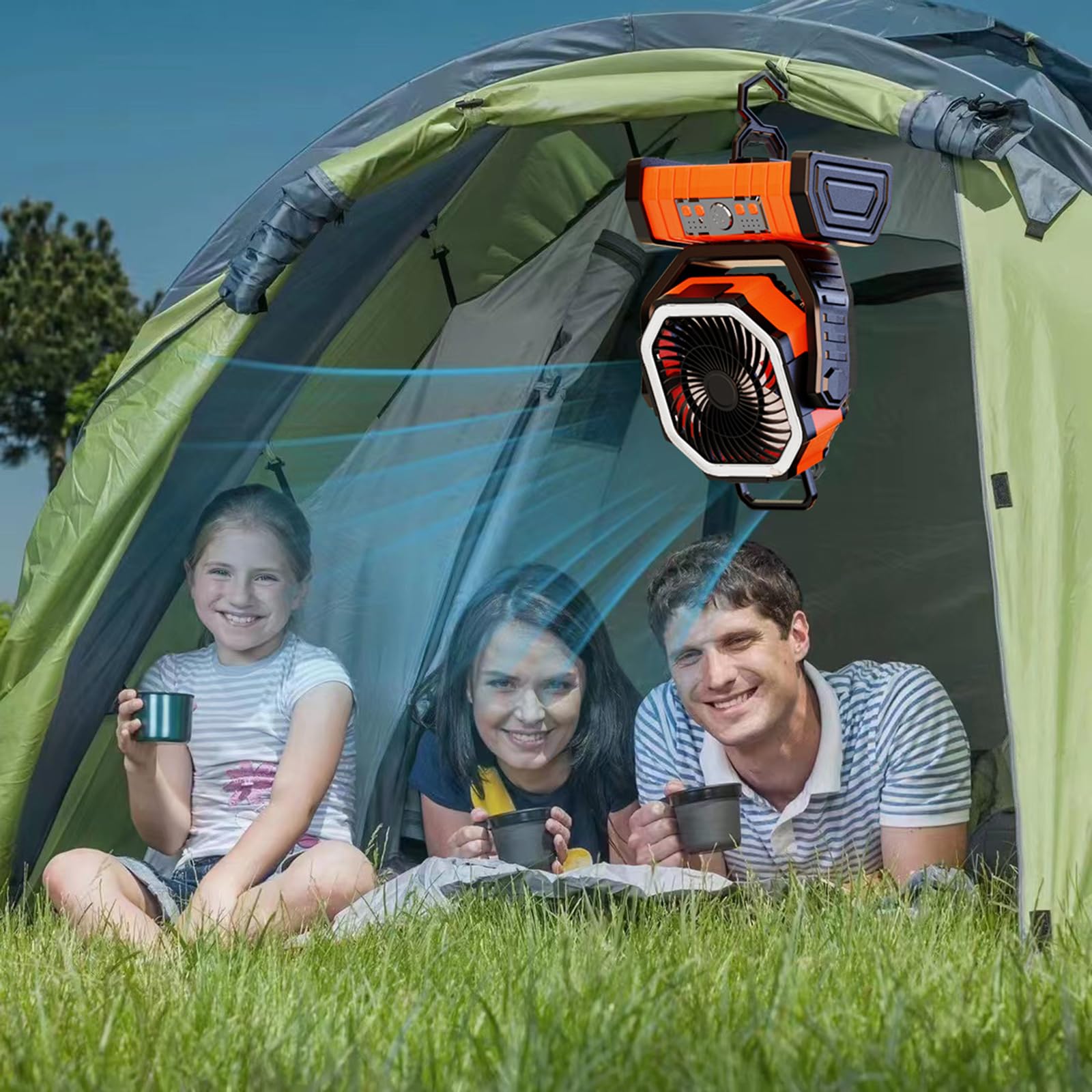 Ventilatore per tenda con luce LED, alimentato a batteria, ricaricabile tramite USB, 20000 mAh, potente per campeggio e interruzioni di corrente, forte