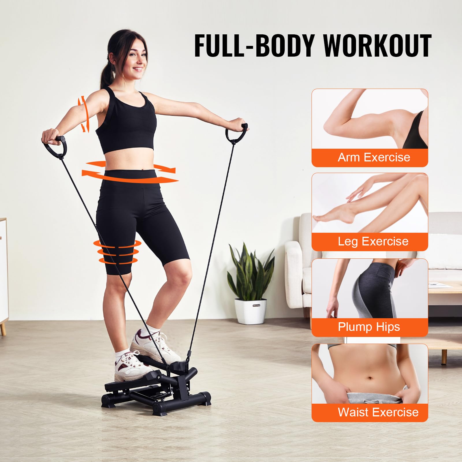 VEVOR Mini domowa mata schodowa do ćwiczeń, hydrauliczna obrotowa z taśmami oporowymi, sprzęt cardio do treningu całego ciała, 390 x 362 x (196-350) mm, czarny