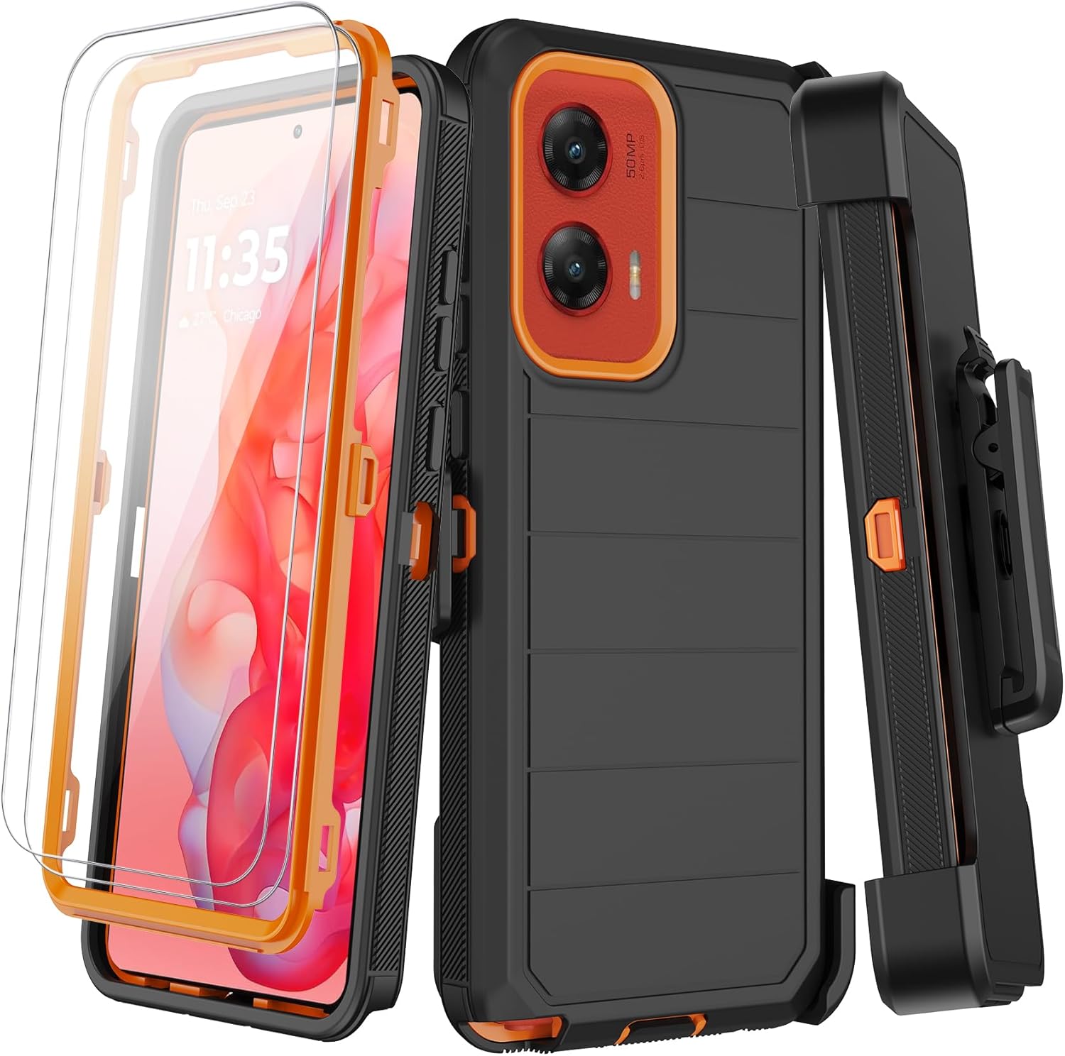 KECAI for Motorola Moto G Stylus 5G 2024 Case with Belt Clip Holster,2X Screen Protector,Heavy Duty Shockproof Drop Protection Military Grade Rugged Full Body Phone Cover with Kickstand (Black Orange)