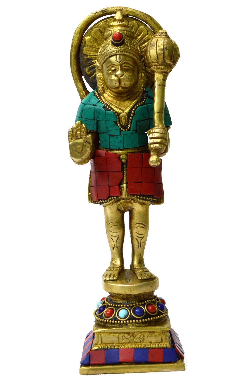Statue du Seigneur Hanuman en laiton et pierres semi-précieuses polies