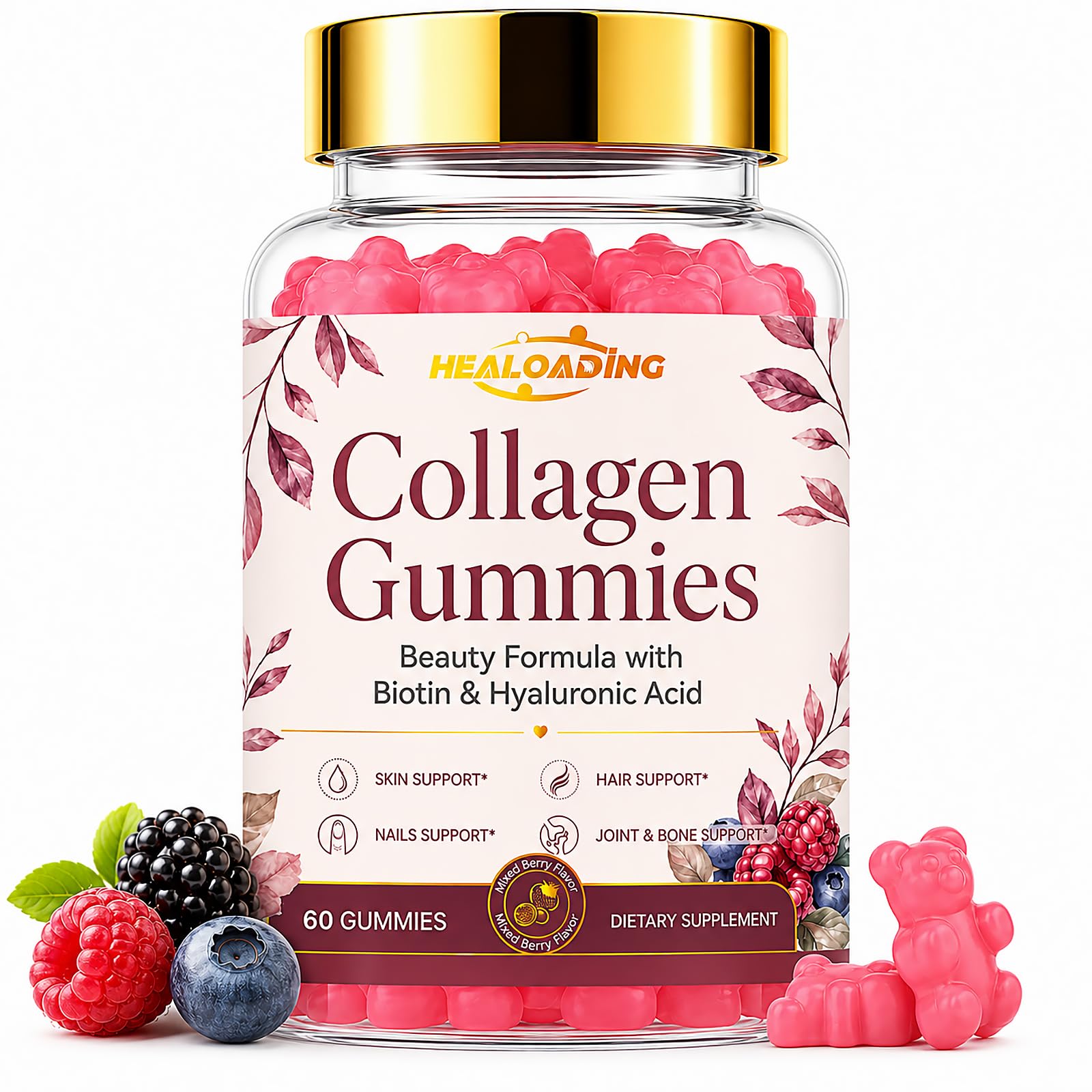 Collagen Gummies with Biotin & Vitamin C, Hydrolyzed Collagen Peptides, Strawberry Flavor Beauty Support Gummies, Pectin-Based, 60 Count