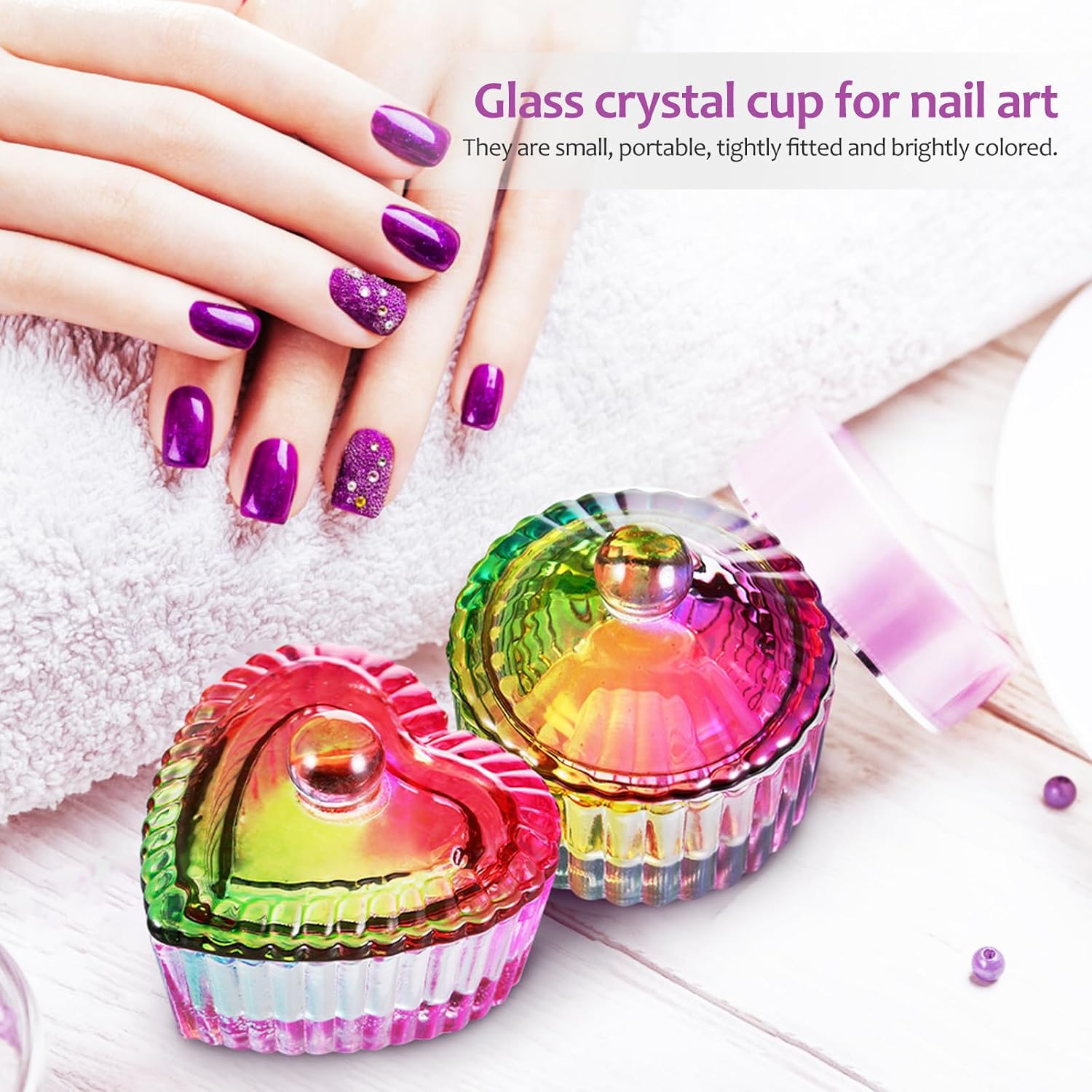 ADOCARN 2 Pcs Glass Dappen Dishes with Lids for Acrylic Nails, Monomer Dish Bowls Set, Colorful Nail Art Storage Containers for Professional and Home Use