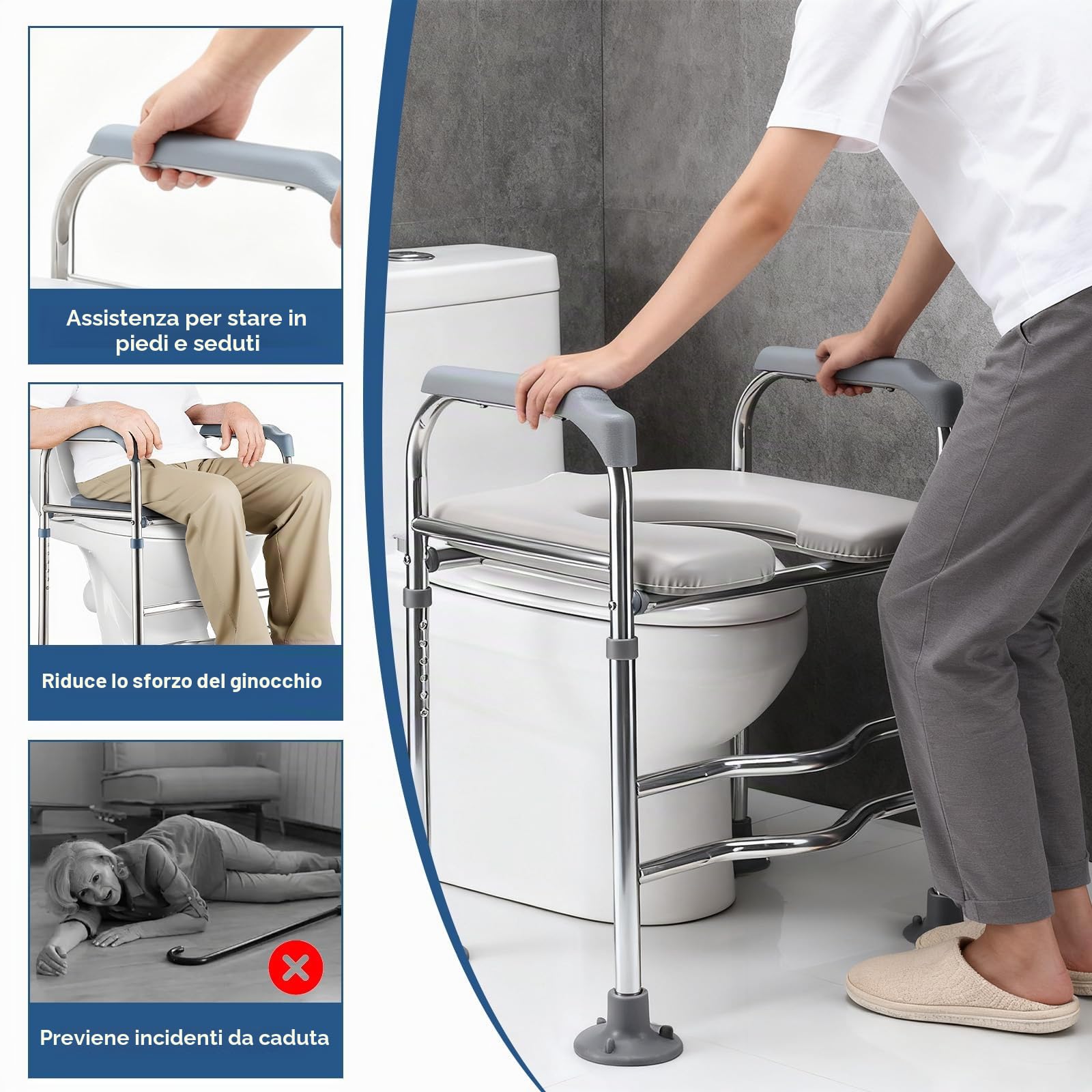 Rialzo WC per Anziani, Sedile del Water Rialzato con Braccioli e Seduta Imbottita Regolabile in Altezza 66-74 cm Comoda WC Alzata Water per Anziani, Disabili, Incinte, Ausilio da Bagno