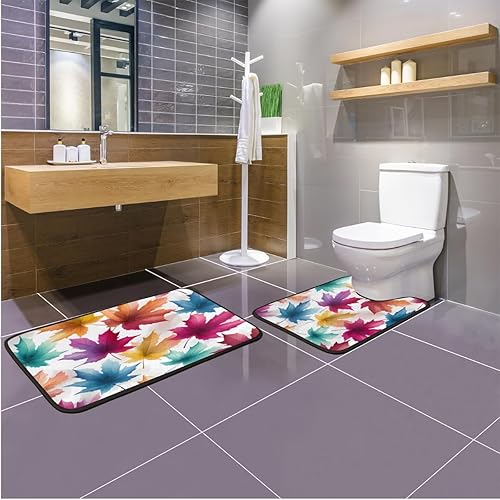 Miniatura 7 de Pardick 2 Pieces Bath Mat Set, Colorful Maple Leaves U-Shaped Bath Mat Toilet Rug Bathroom Mat Set with Bath Rug Mat, Watercolor Maple Leaves Mat