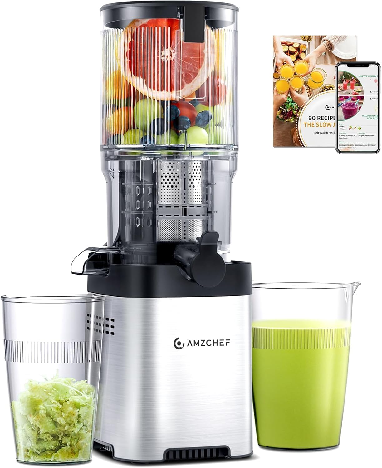 AMZCHEF Cold Press Juicer Machines – Slow Masticating Juicer with 145mm Large Feed Chute, Whole Fruit & Vegetable Juice Maker, Easy Clean, Triple Filter – Stainless Steel