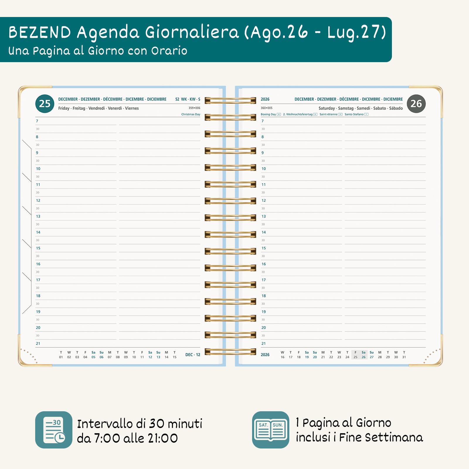 BEZEND Agenda 2026 2027 Giornaliera A5 Spirale, 12 Mesi da Ago.26 a Lug.27, Design Floreale, Diario Scuola 21 x 15,5 cm, Intervalli di 30 Minuti, Copertina Rigida, Grigio-blu
